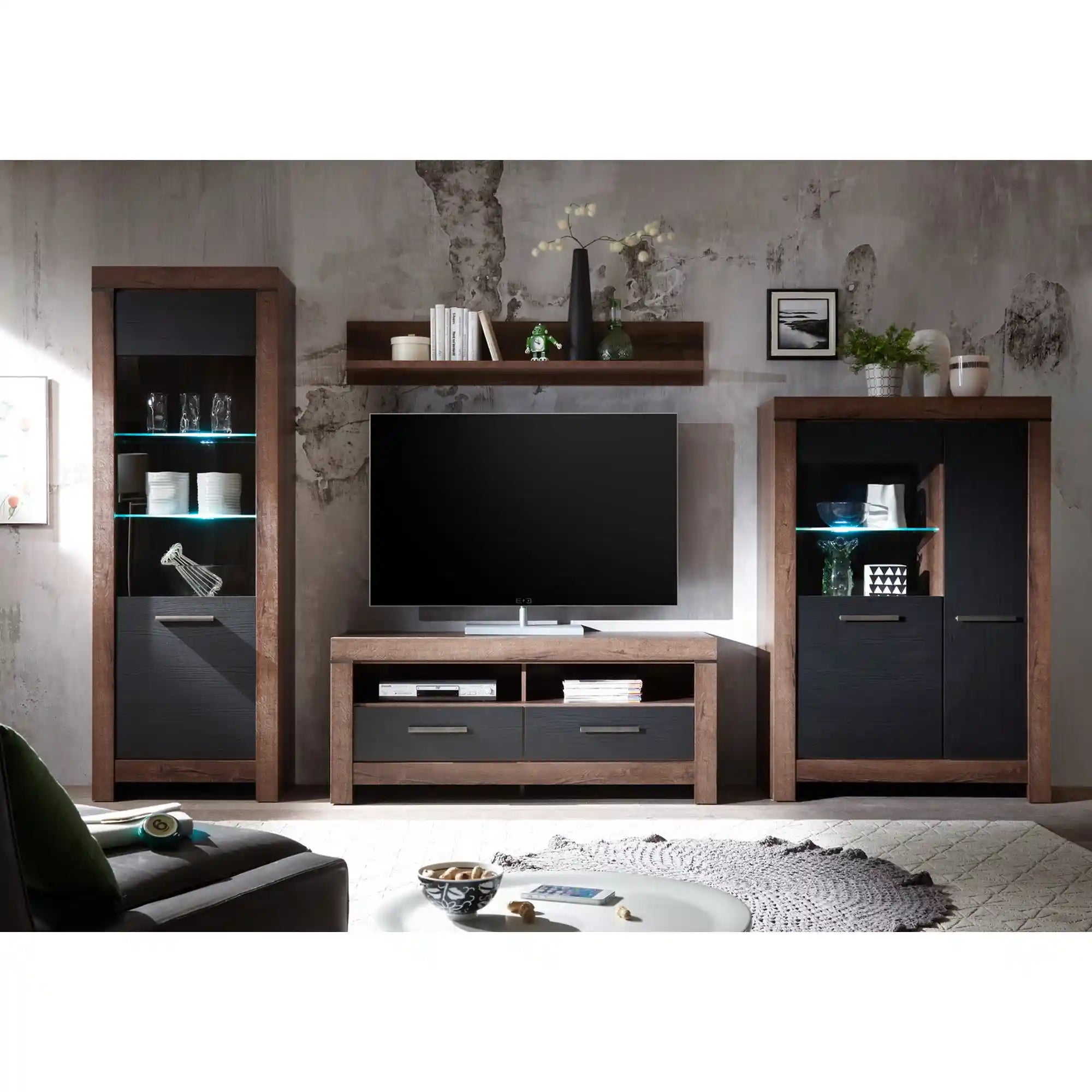 Vitrina BALIN, stejar/negru, PAL/sticla, cu iluminare LED, 68x40x197 cm