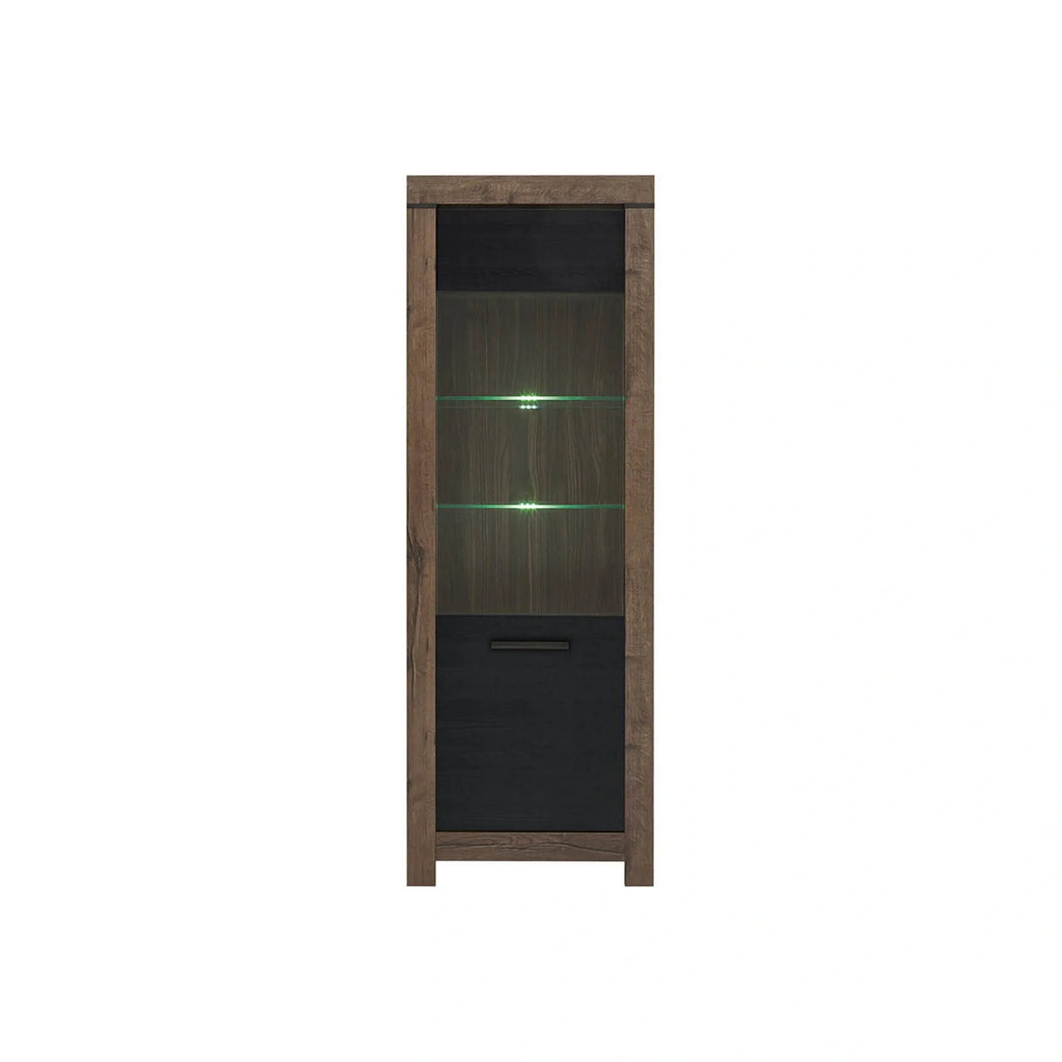 Vitrina BALIN, stejar/negru, PAL/sticla, cu iluminare LED, 68x40x197 cm