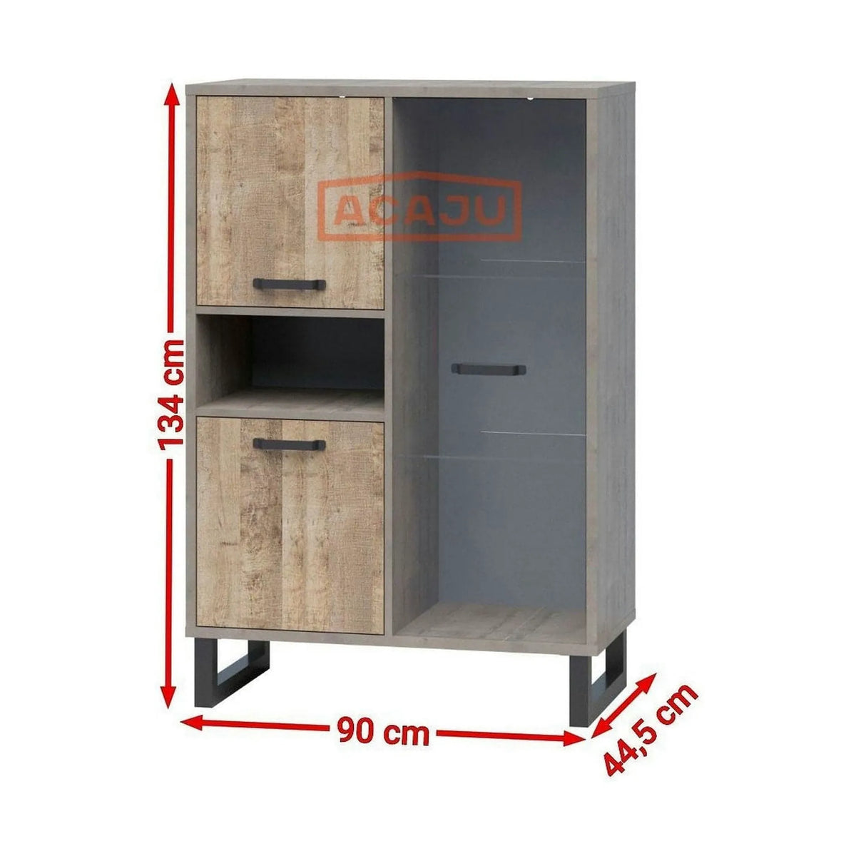 Vitrina BARI, gri/stejar, PAL laminat/sticla/metal, 90x45x134 cm
