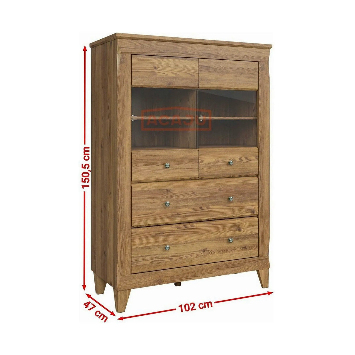 Vitrina BERGEN REG2W2S, stejar, PAL/sticla securizata, 102x47x151 cm