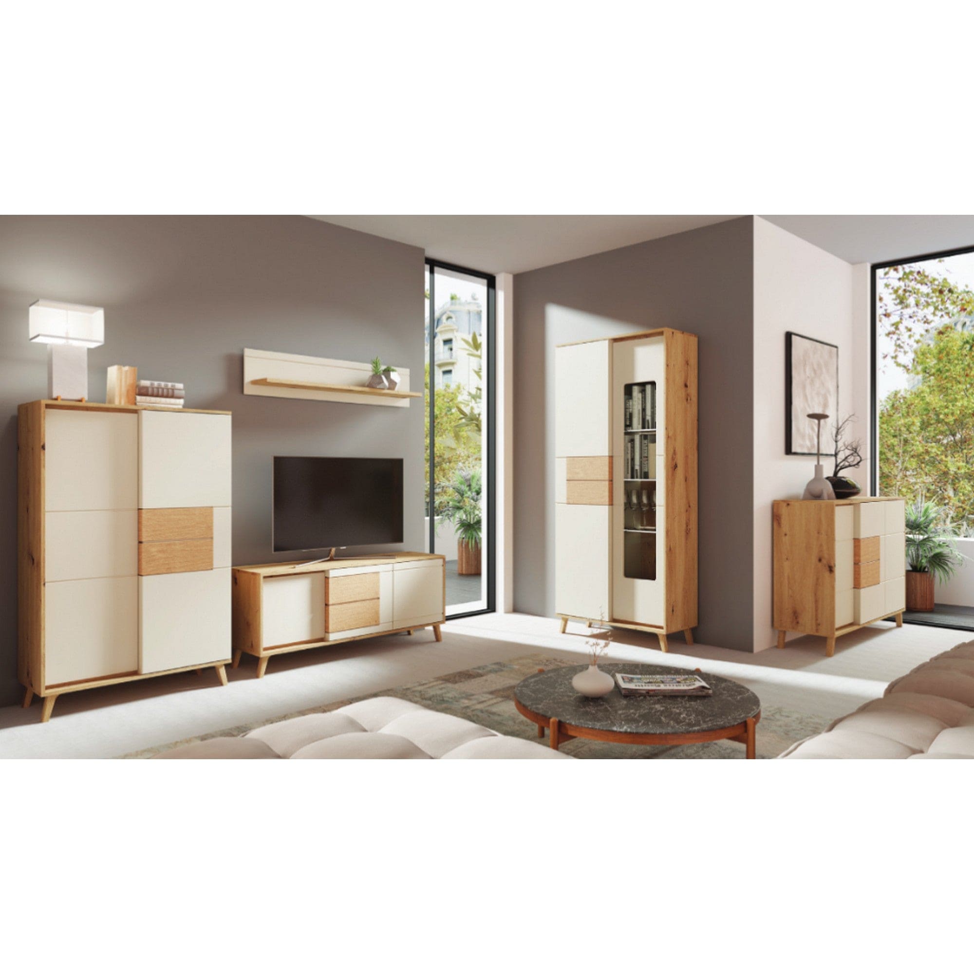 Vitrina BRUNO BR2, stejar/casmir, PAL/sticla, 87x41x193 cm