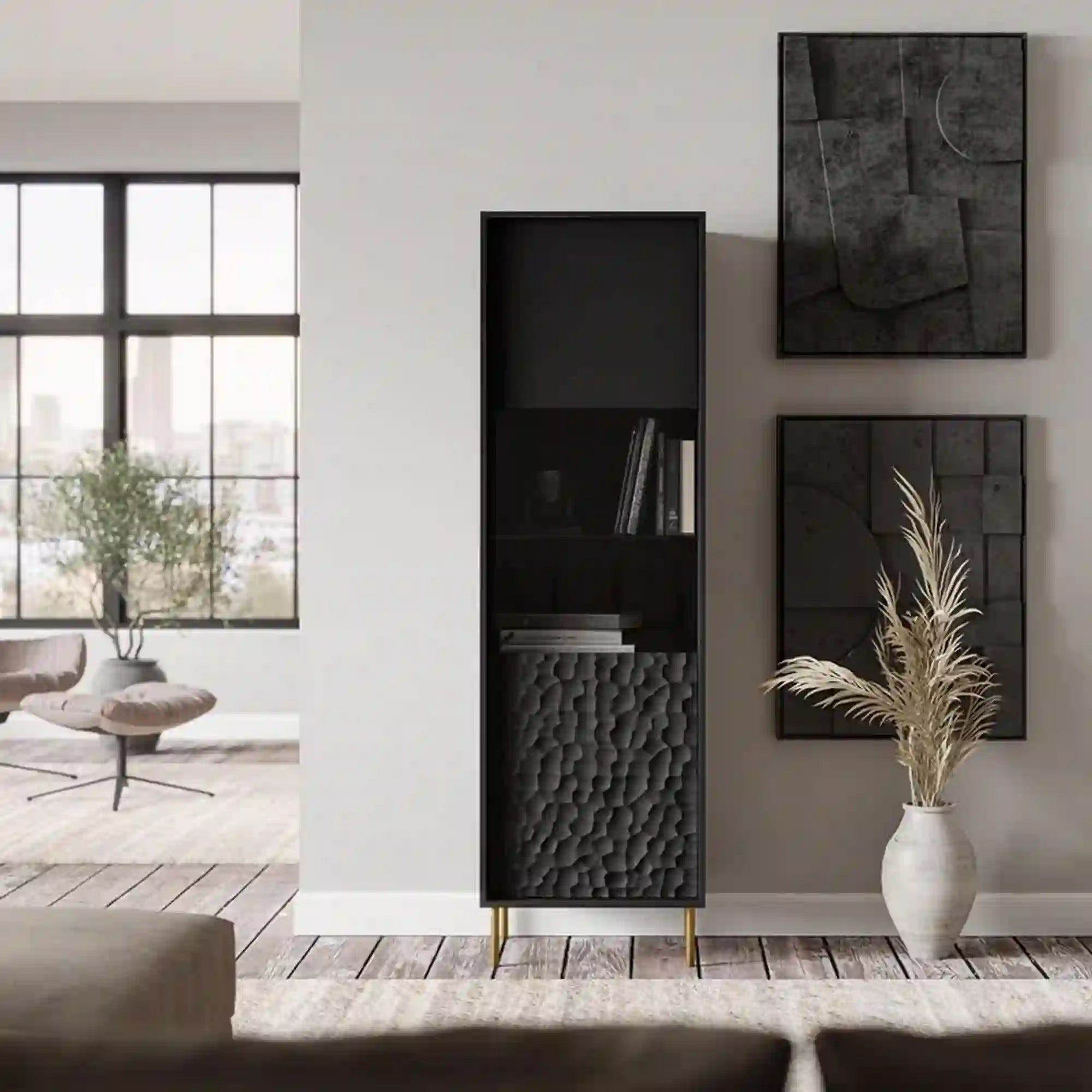 Vitrina BULLET, negru mat, PAL, 55x41x185 cm