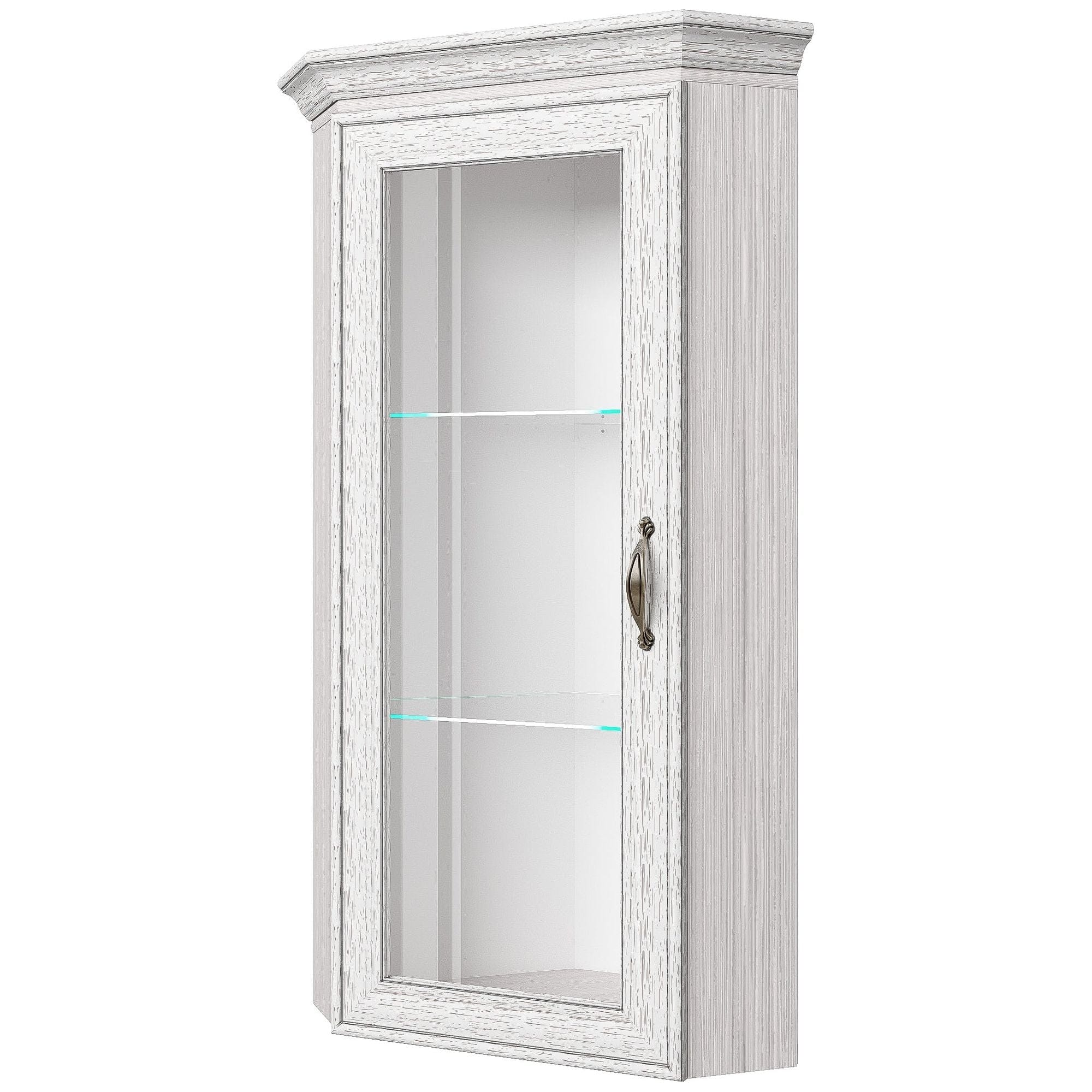 Vitrina de colt TIFFANY (Tiffy), alb vintage, PAL laminat, sticla, 52x52x122 cm