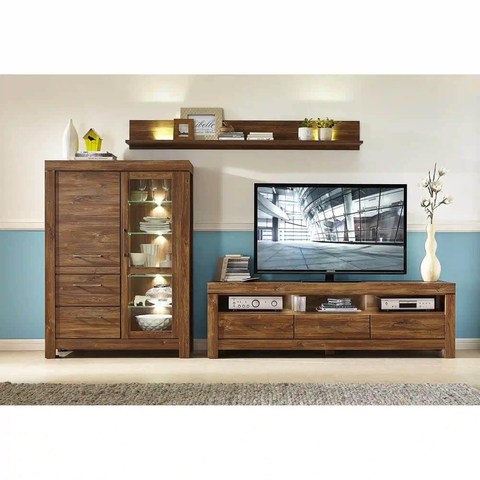 Vitrina GENT, stejar stirling, PAL, cu iluminare LED, 115x42x159 cm