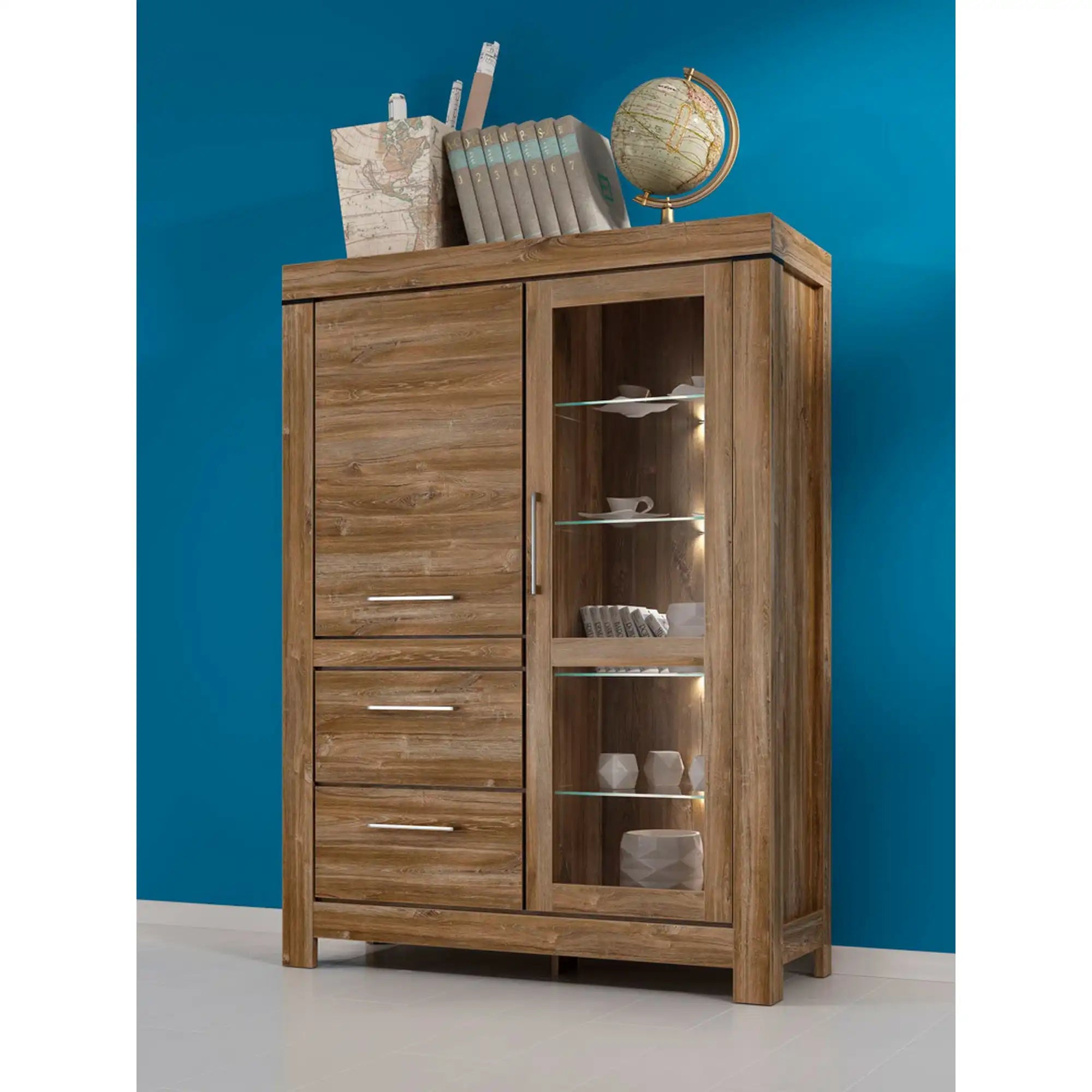 Vitrina GENT, stejar stirling, PAL, cu iluminare LED, 115x42x159 cm