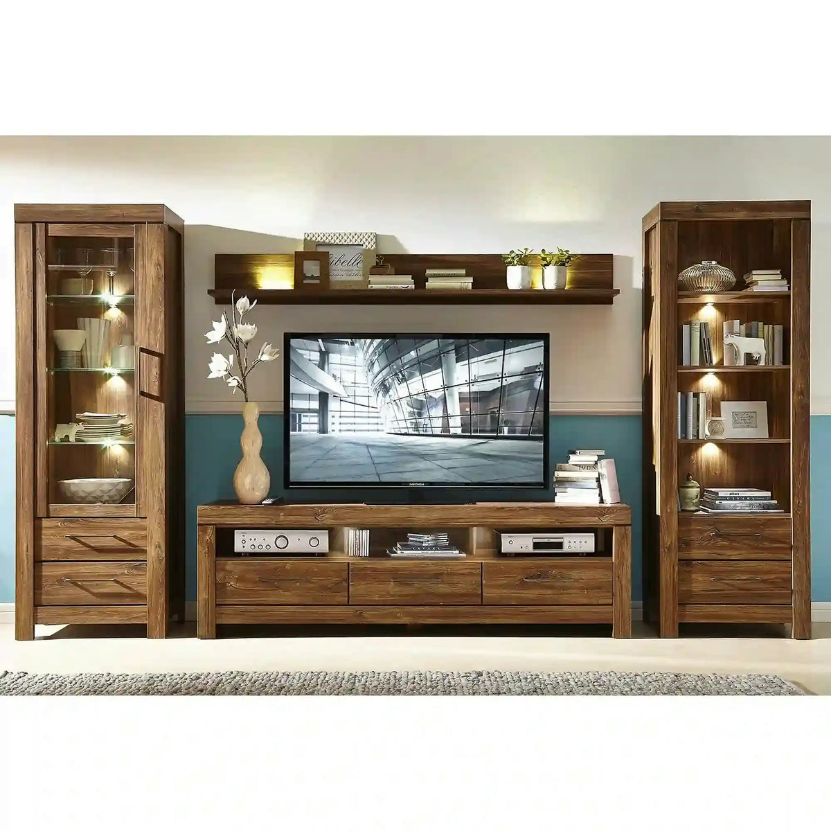 Vitrina GENT, stejar stirling, PAL laminat, cu iluminare LED, 68x42x201 cm