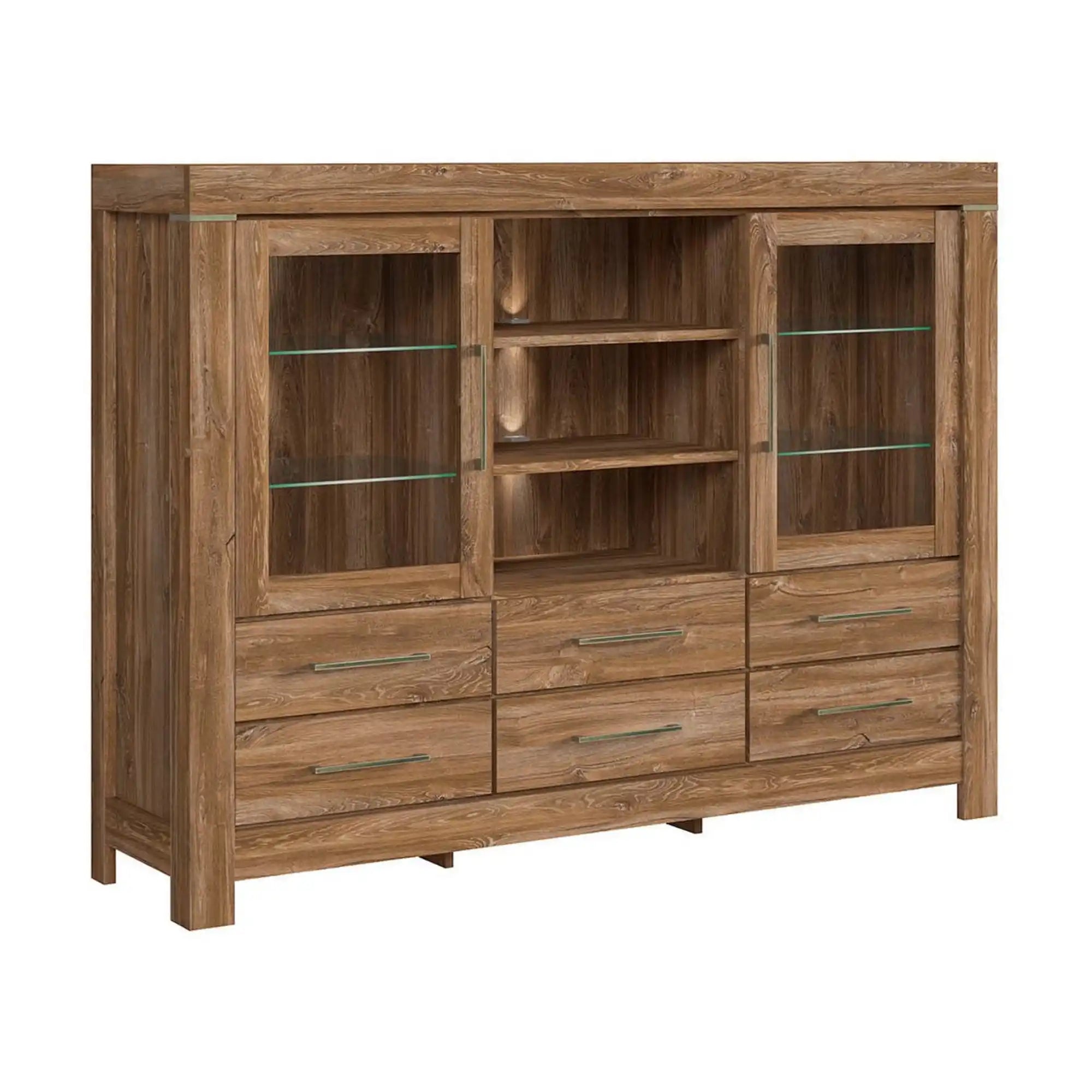 Vitrina GENT, stejar stirling, PAL/sticla, cu iluminare LED, 166x42x125 cm