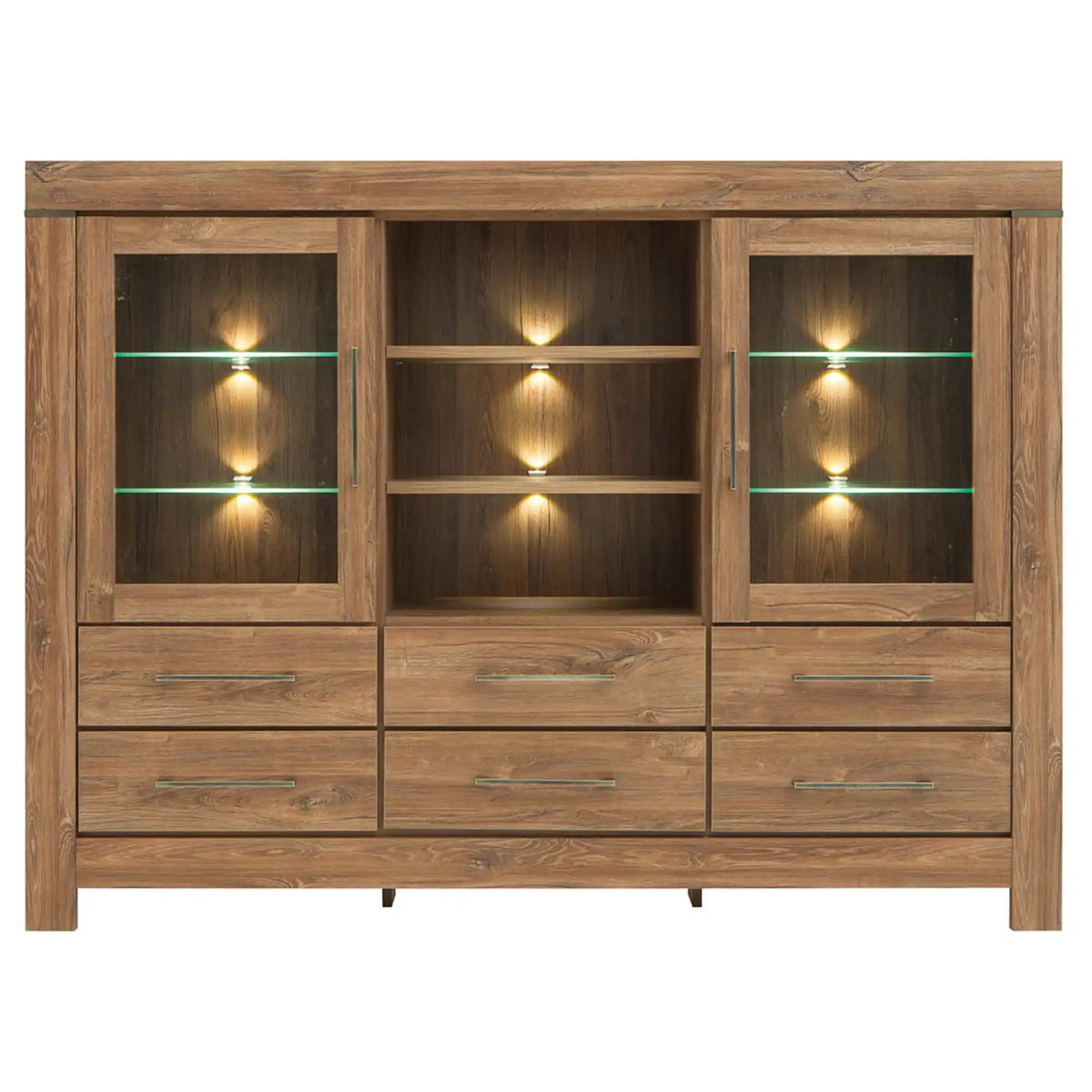 Vitrina GENT, stejar stirling, PAL/sticla, cu iluminare LED, 166x42x125 cm
