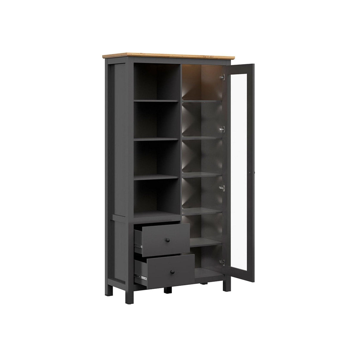 Vitrina HESEN, gri grafit/stejar artisan, PAL melaminat/sticla securizata, 106x44x203 cm