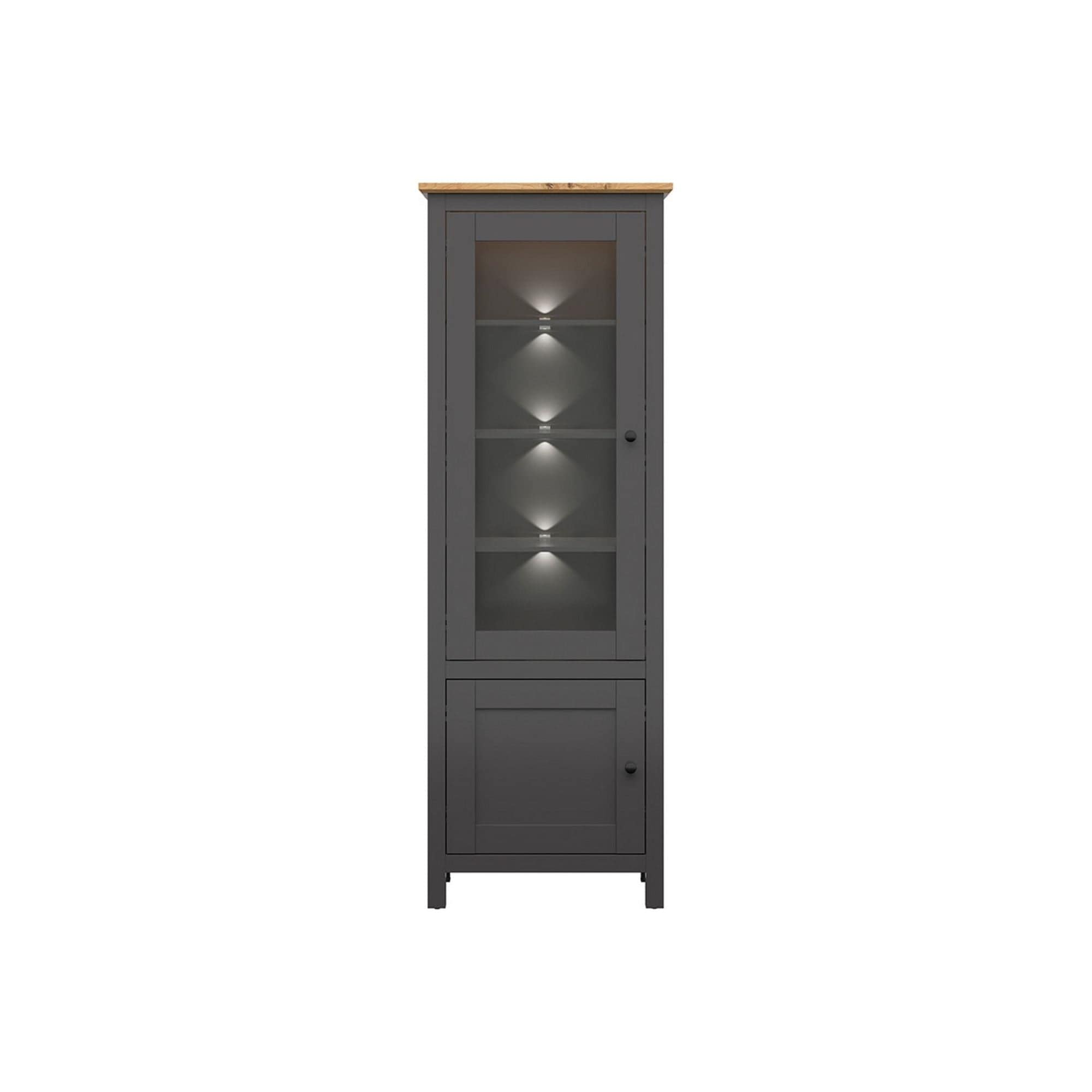Vitrina HESEN, gri grafit/stejar artisan, PAL melaminat/sticla securizata, 71x44x203 cm