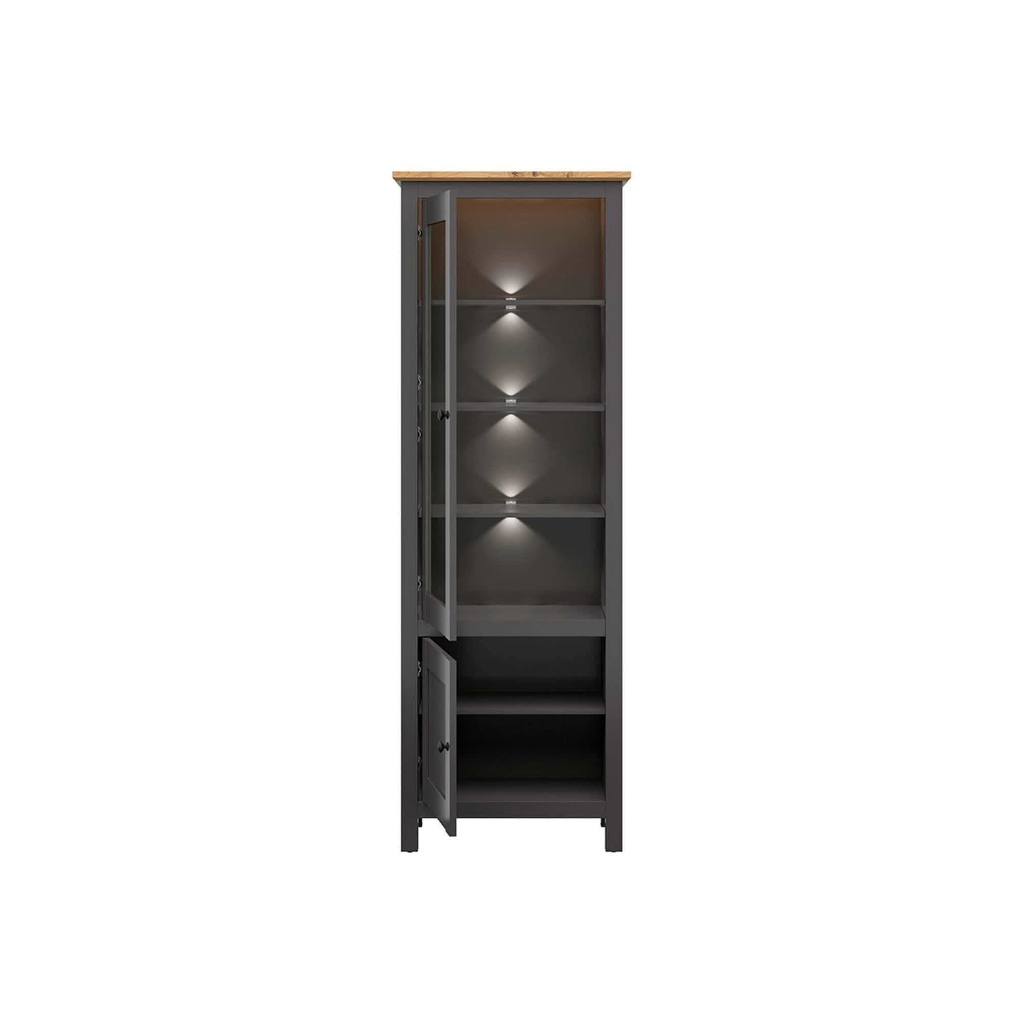 Vitrina HESEN, gri grafit/stejar artisan, PAL melaminat/sticla securizata, 71x44x203 cm
