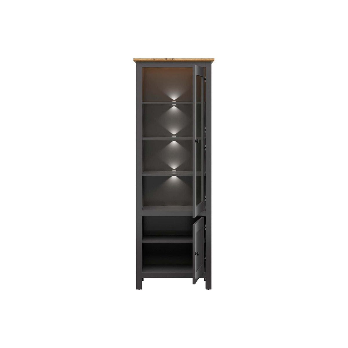 Vitrina HESEN, gri grafit/stejar artisan, PAL melaminat/sticla securizata, 71x44x203 cm