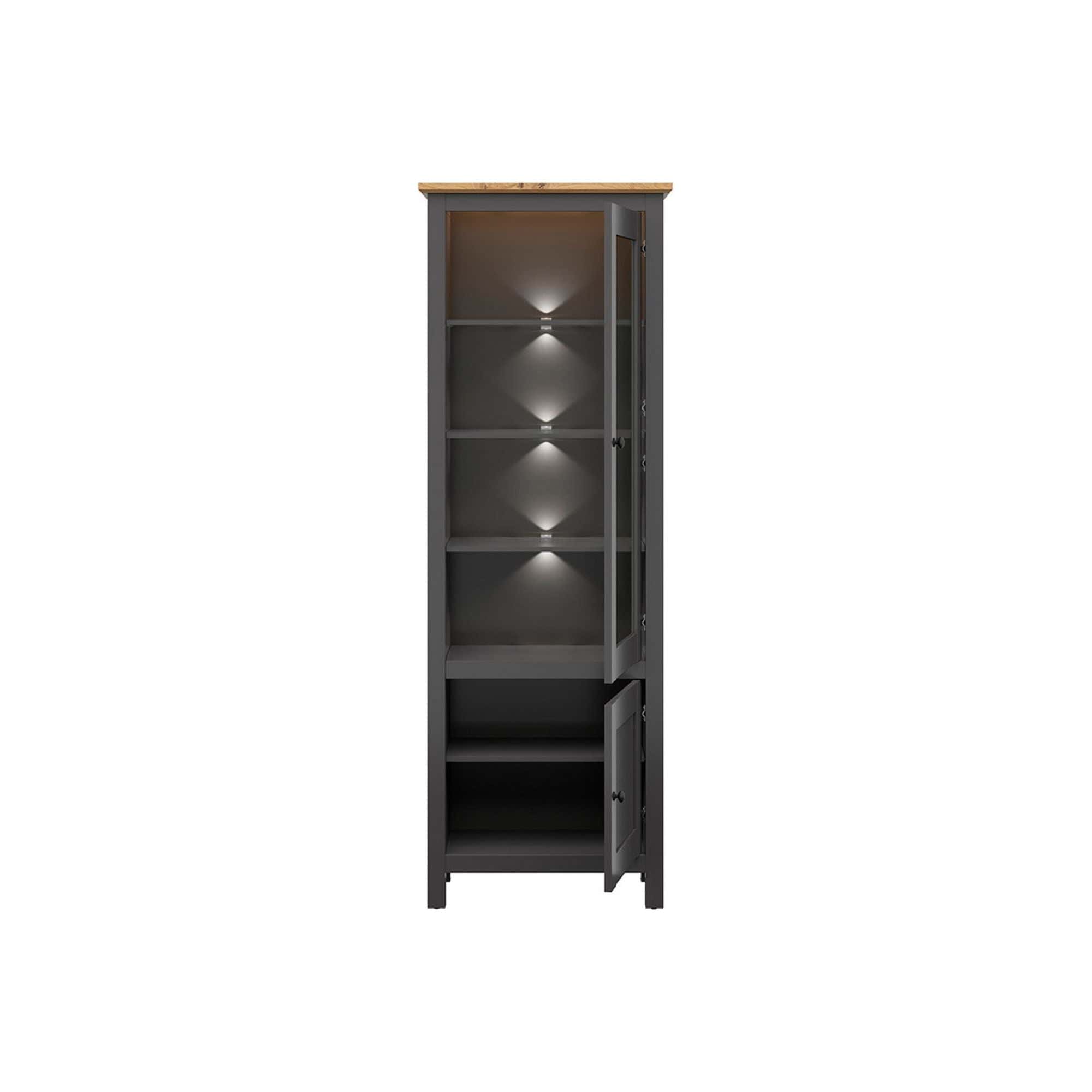 Vitrina HESEN, gri grafit/stejar artisan, PAL melaminat/sticla securizata, 71x44x203 cm