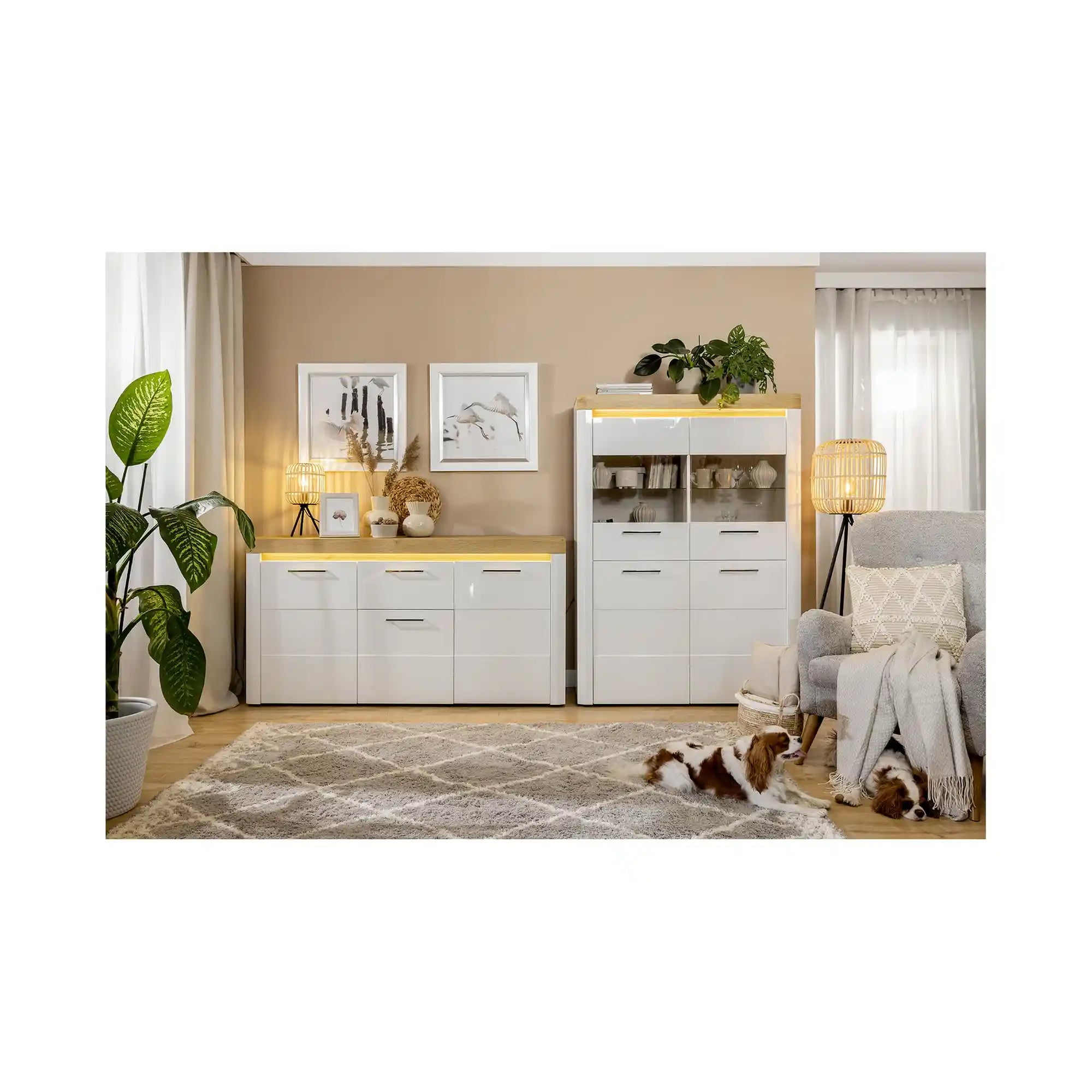 Vitrina HORTON, alb lucios, PAL laminat/sticla, 119x42x166 cm