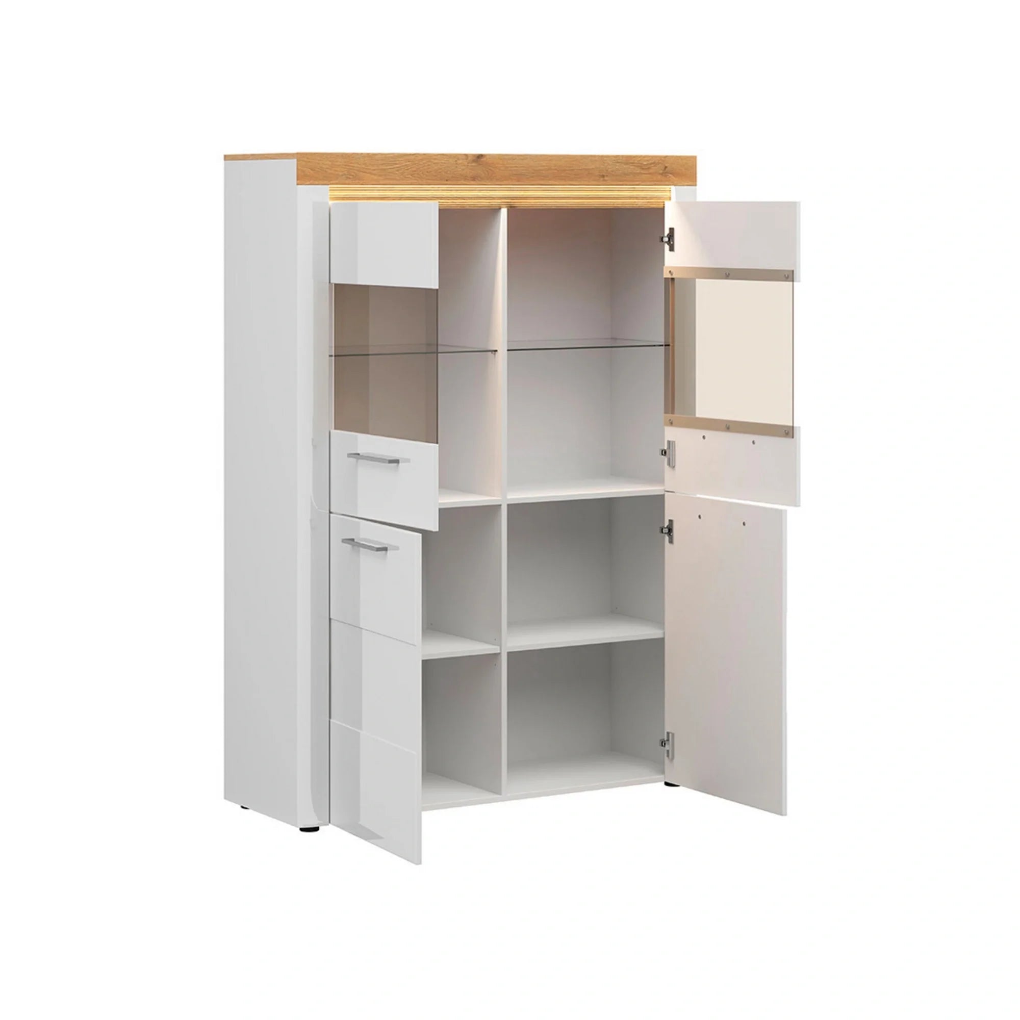 Vitrina HORTON, alb lucios, PAL laminat/sticla, 119x42x166 cm