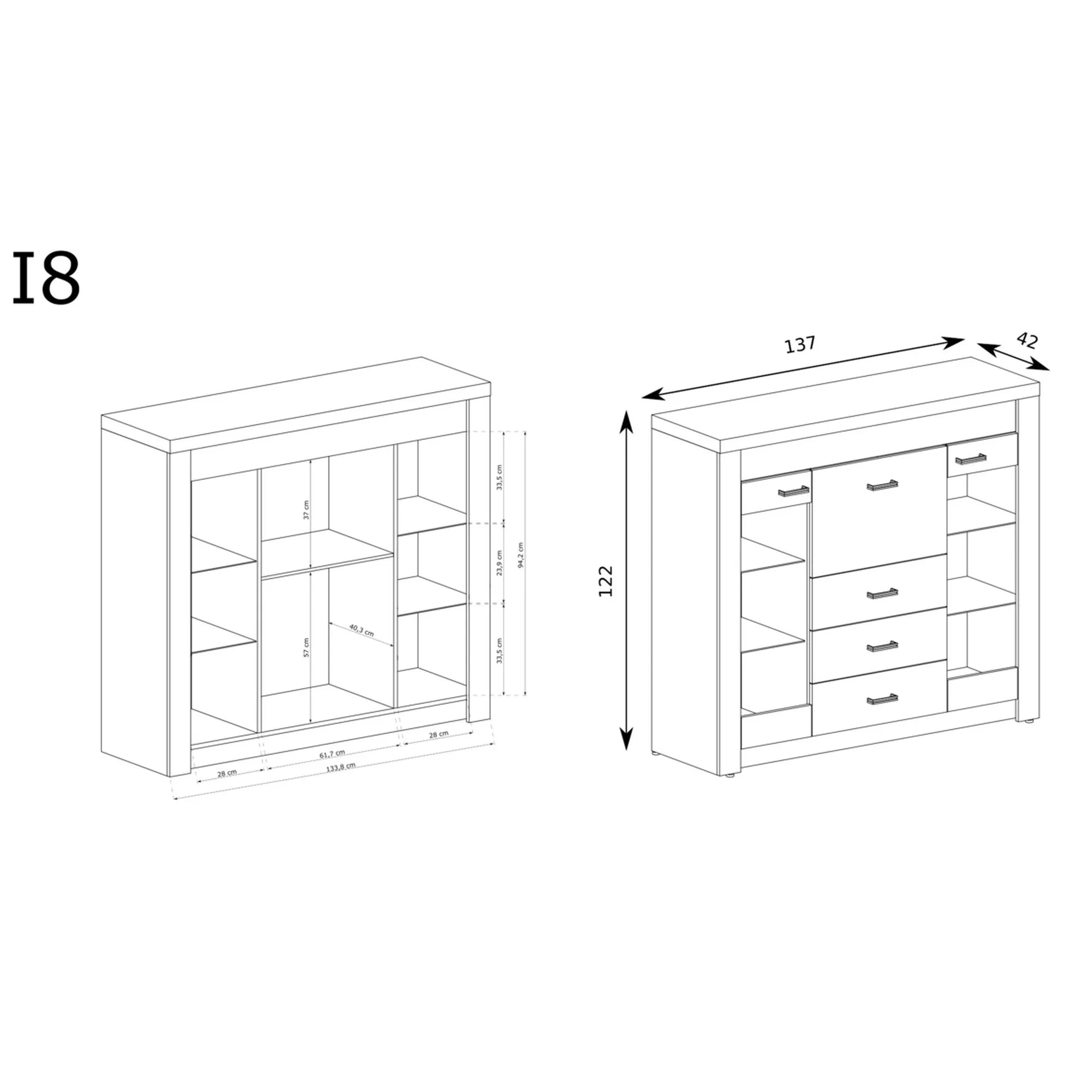 Vitrina INDIANAPOLIS I8, frasin inchis, PAL laminat/furnir ABS/metal, 137x42x122 cm