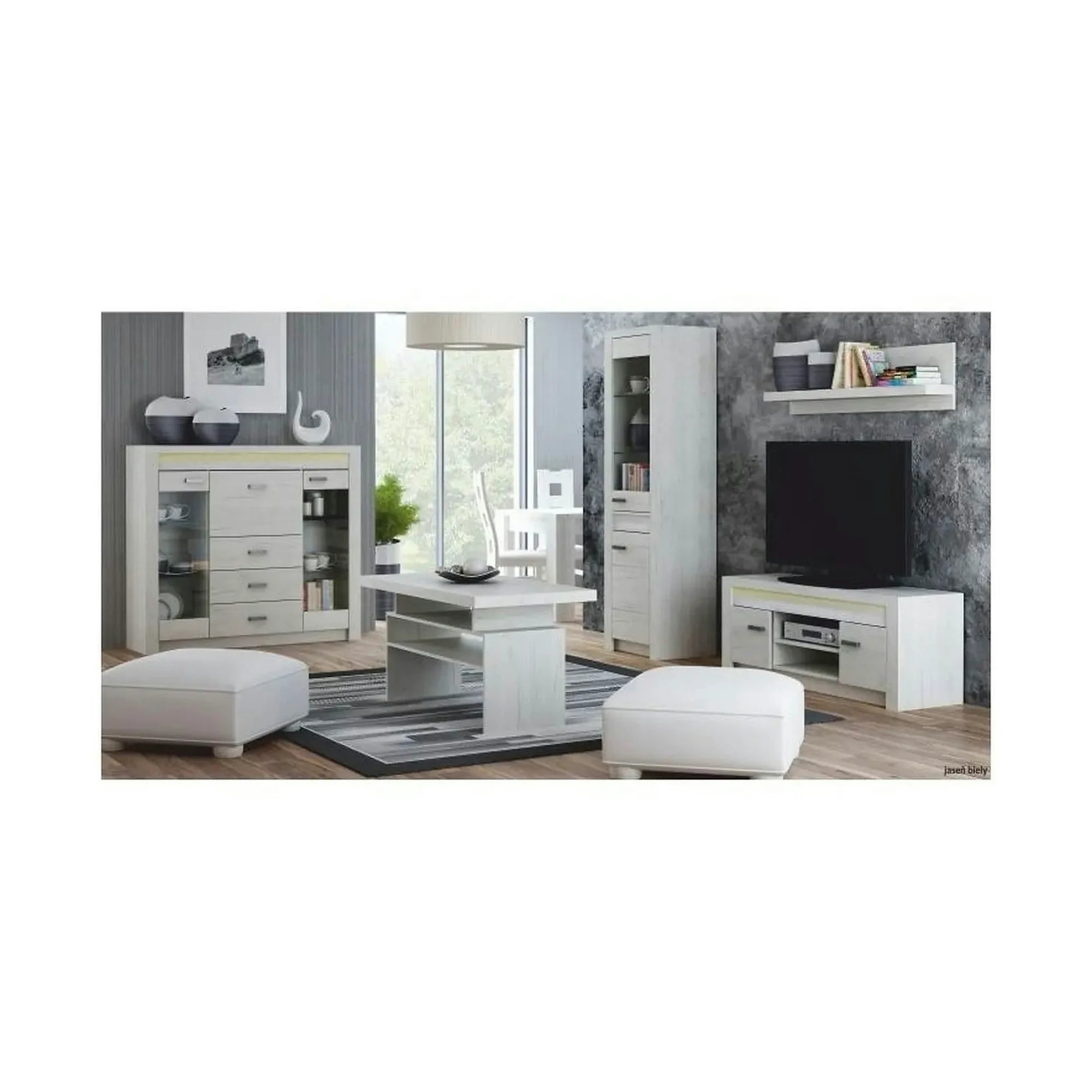 Vitrina INDIANAPOLIS I8, stejar craft alb, PAL laminat, 137x42x122 cm