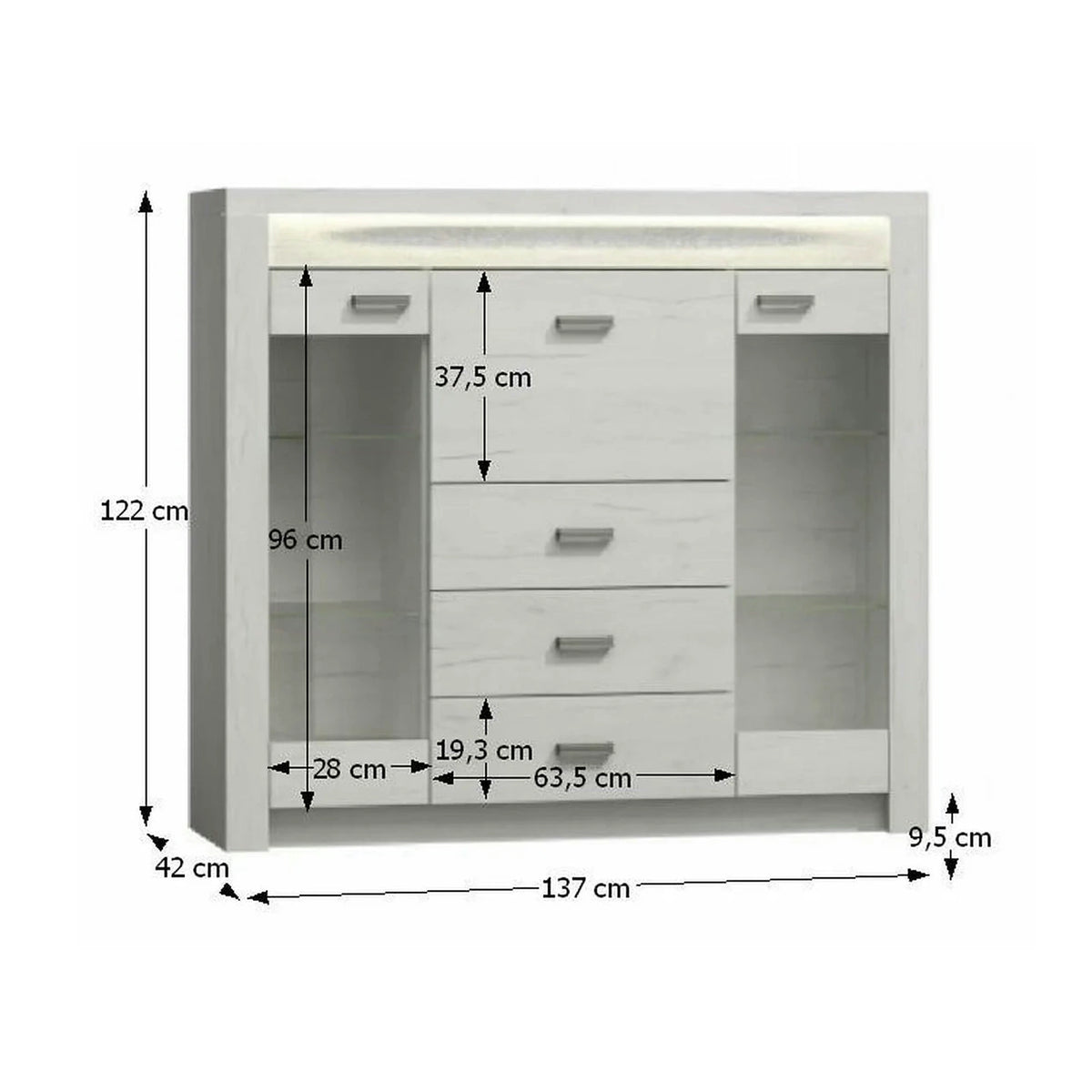 Vitrina INDIANAPOLIS I8, stejar craft alb, PAL laminat, 137x42x122 cm