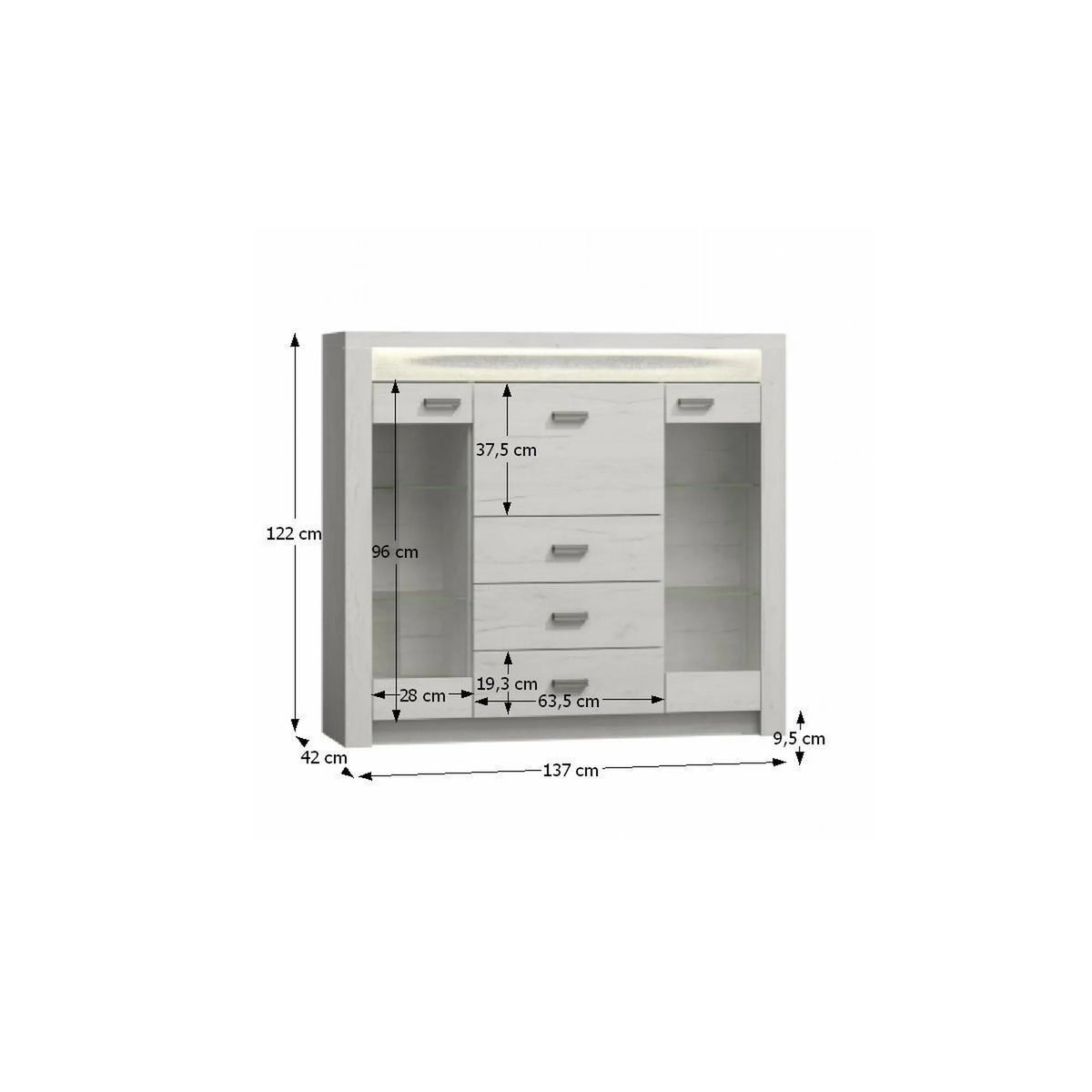 Vitrina INDIANAPOLIS I8, stejar craft alb, PAL laminat, 137x42x122 cm