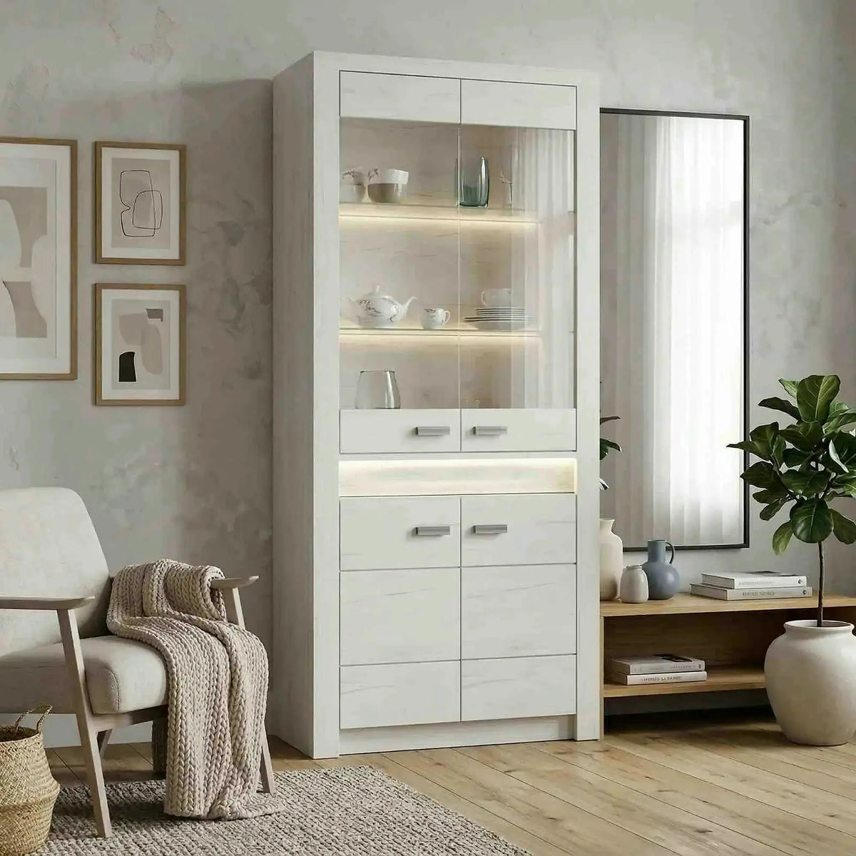 Vitrina INFINITY I-03, frasin alb, PAL melaminat/sticla, 96x42x192 cm