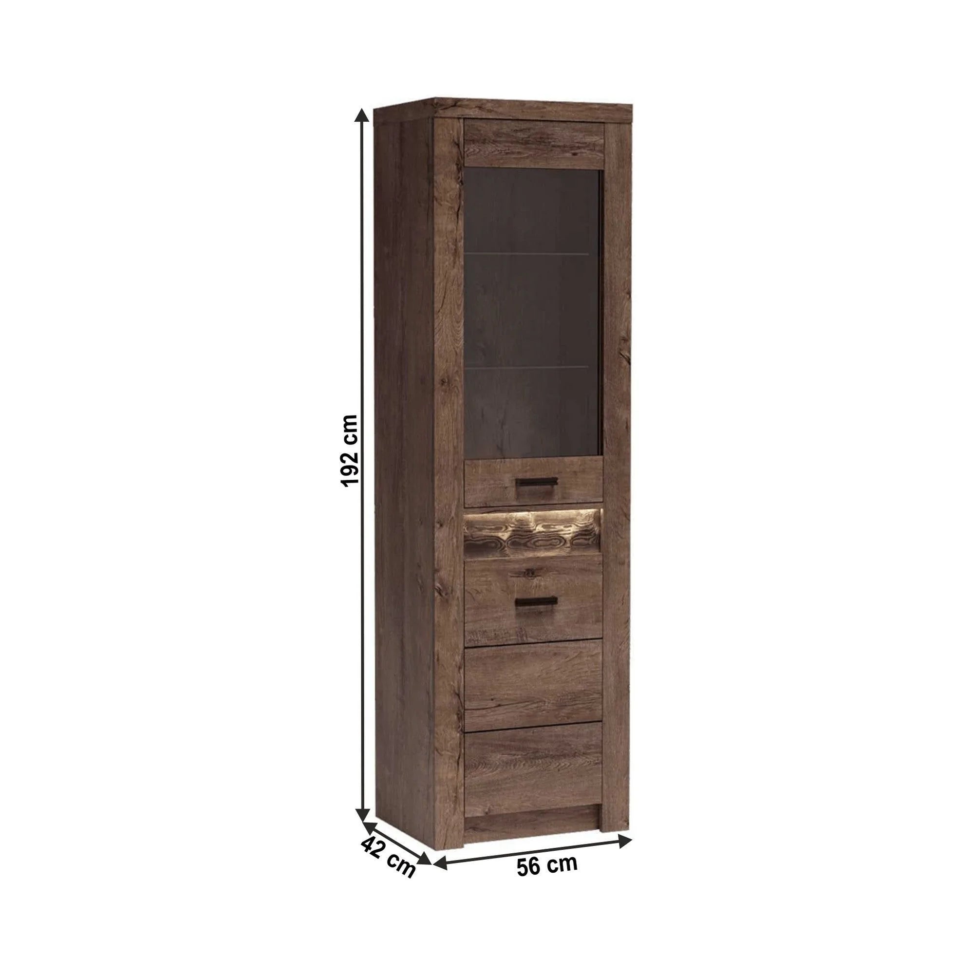 Vitrina INFINITY I-04, frasin inchis, PAL melaminat/sticla, 56x42x192 cm