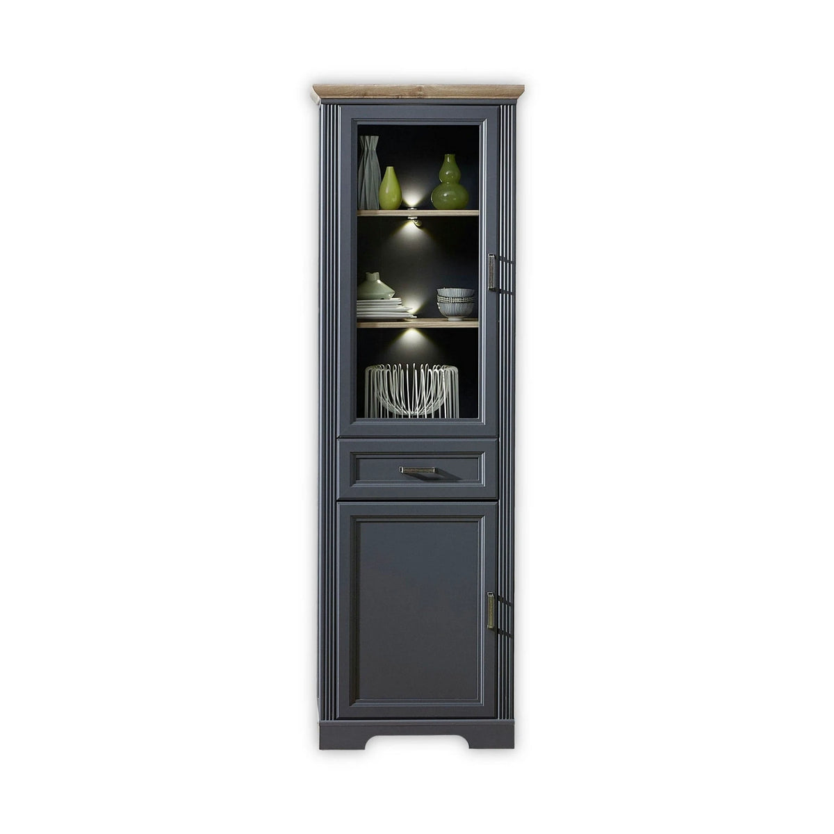 Vitrina JASMIN, gri grafit/stejar artisan, PAL/sticla, cu iluminare LED, 66x42x204 cm