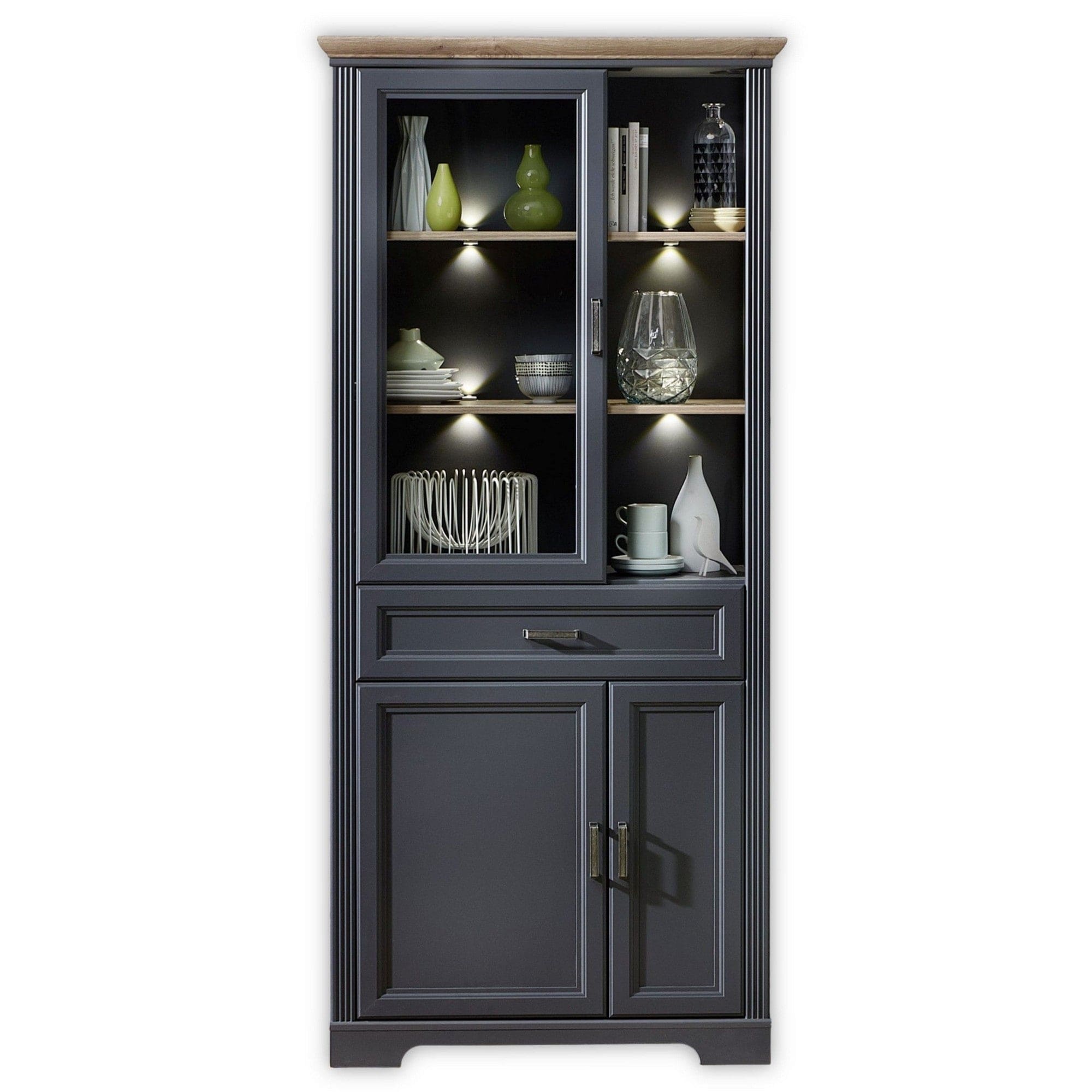 Vitrina JASMIN, gri grafit/stejar artisan, PAL/sticla, cu iluminare LED, 93x42x204 cm