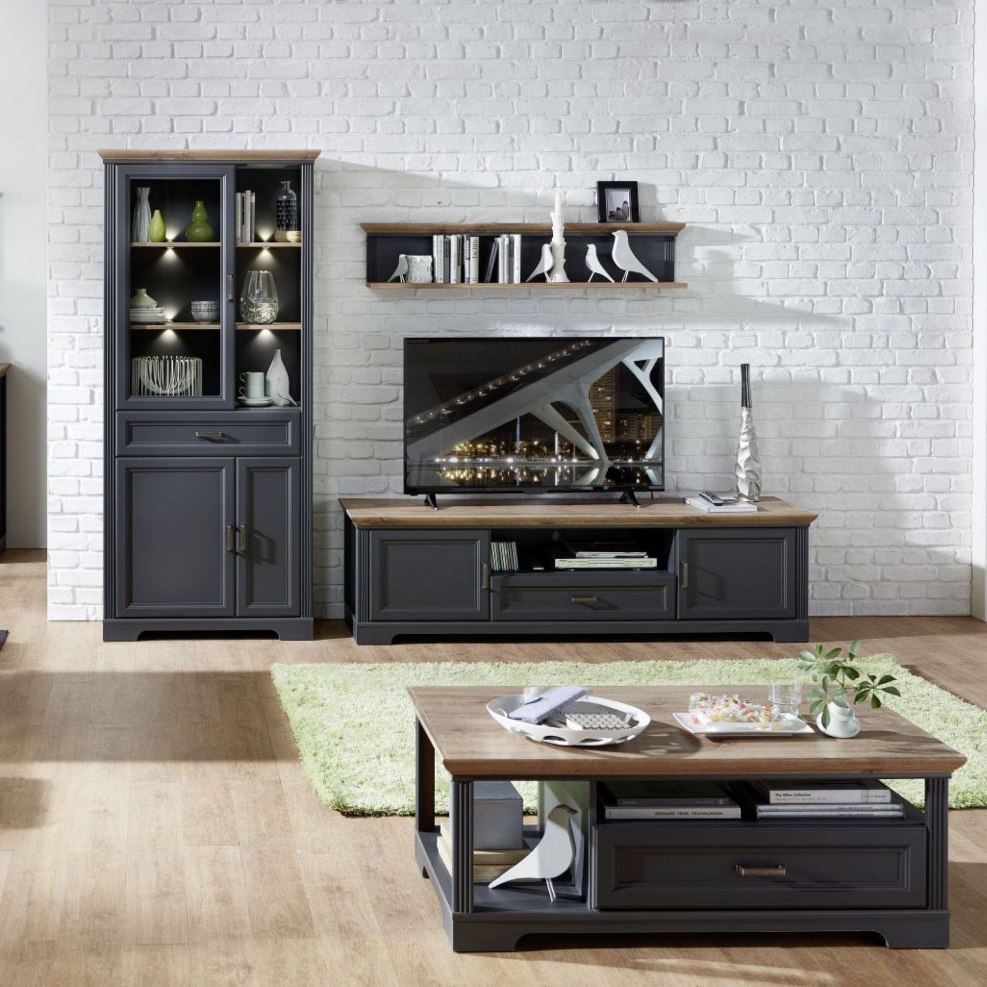 Vitrina JASMIN, gri grafit/stejar artisan, PAL/sticla, cu iluminare LED, 93x42x204 cm