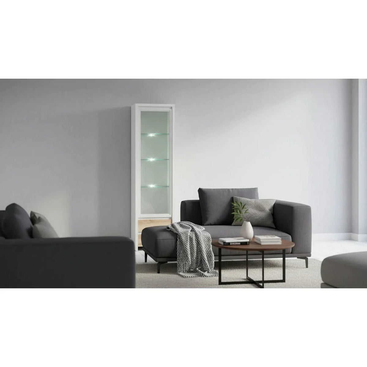 Vitrina KASPIAN, alb/stejar sonoma, PAL/sticla securizata, 56x41x201 cm