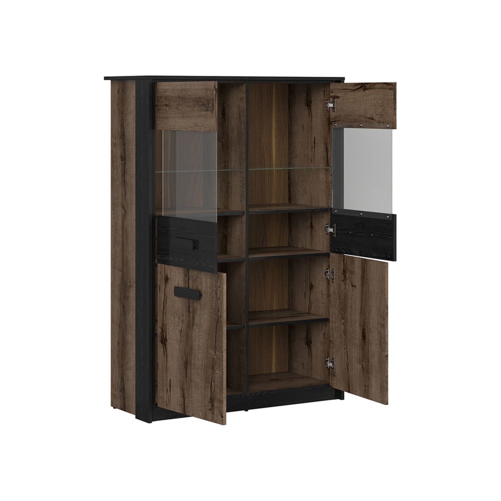 Vitrina KASSEL, nuc/negru, PAL melaminat/sticla securizata, cu iluminare LED, 100x41x145 cm