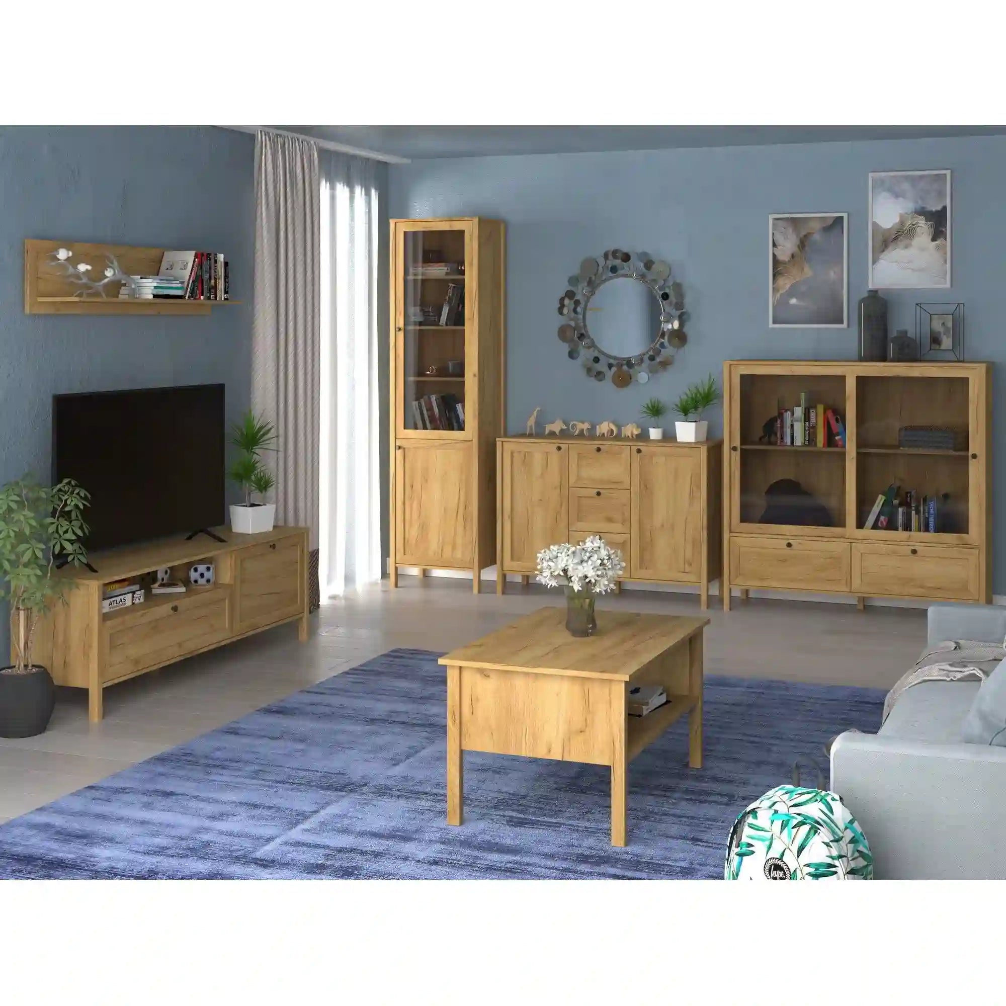 Vitrina KLARK, stejar auriu, PAL laminat, 133x42x134 cm