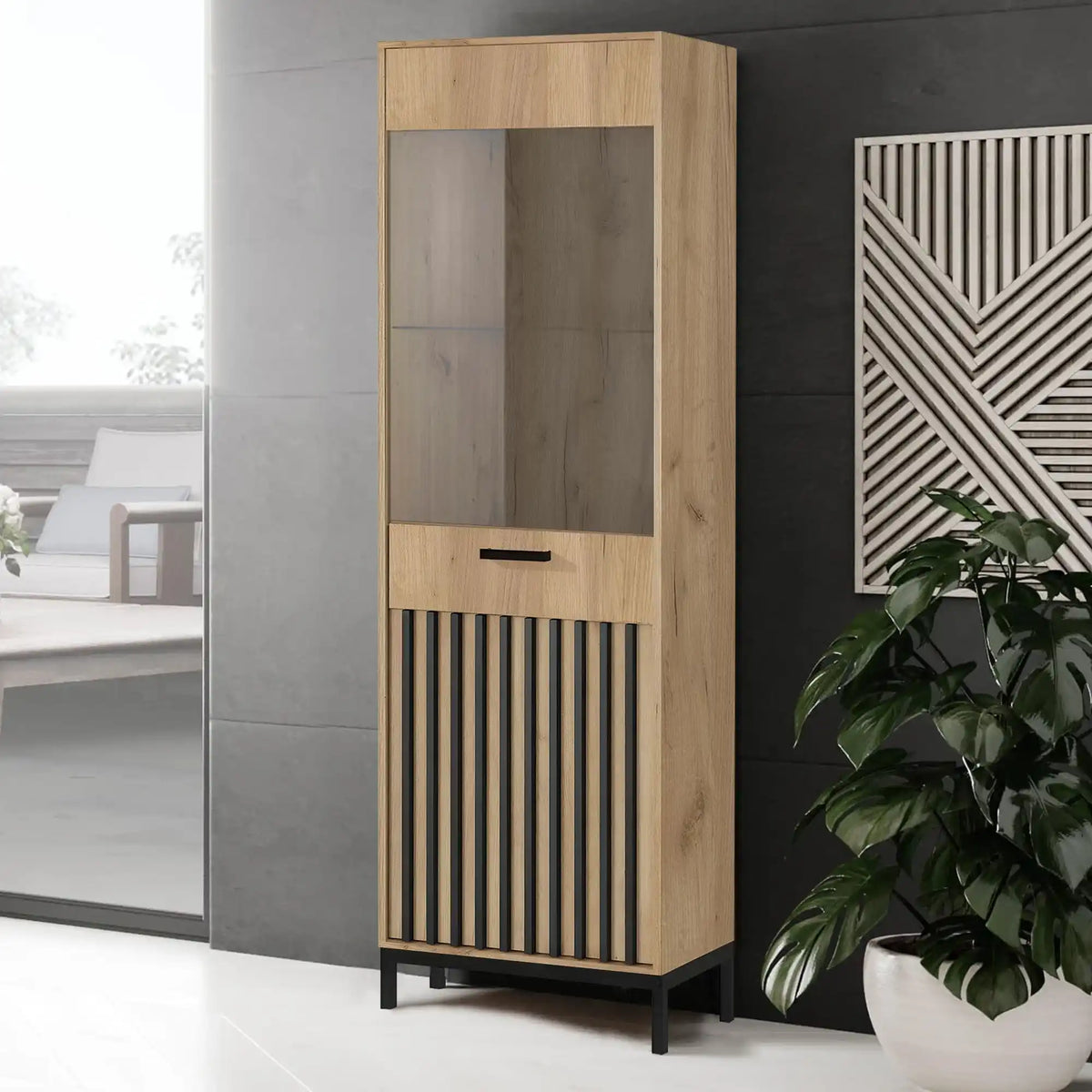 Vitrina LAMINO W-1, stejar craft/negru, PAL laminat/polipropilena, 54x40x191 cm