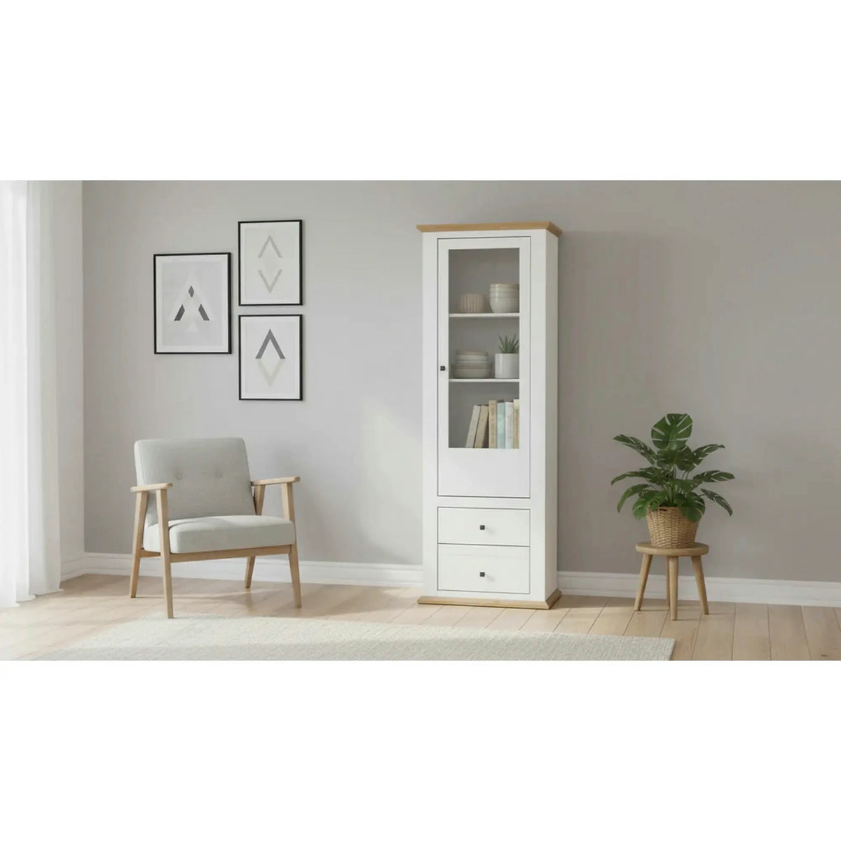 Vitrina LEON MZ4, alb/stejar deschis, PAL laminat, 70x40x200 cm