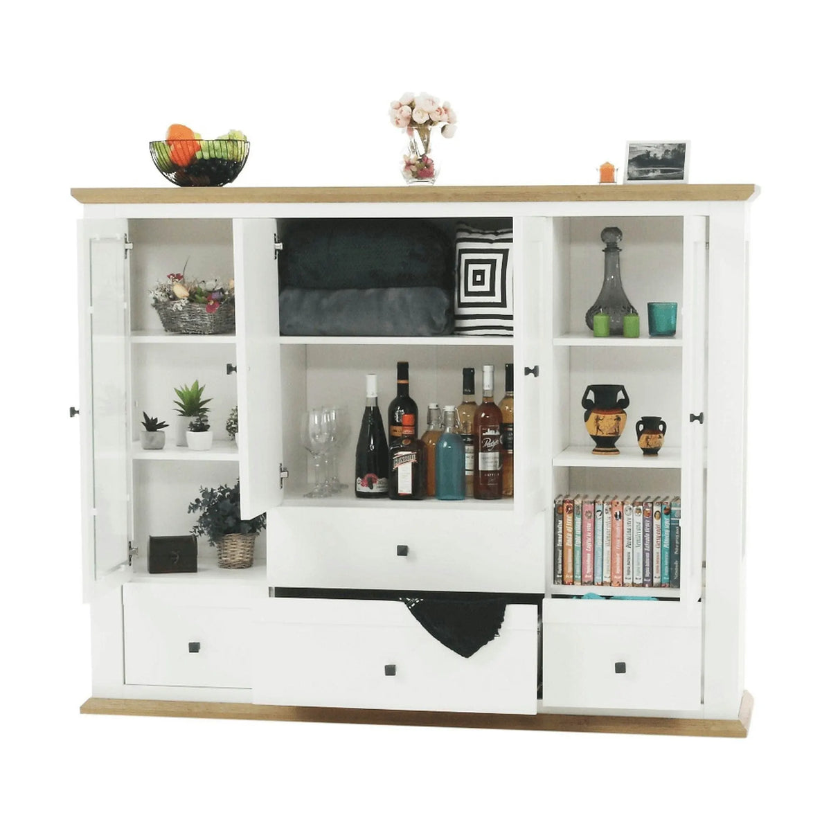 Vitrina LEON MZ6, alb/stejar deschis, PAL laminat, 165x40x130 cm