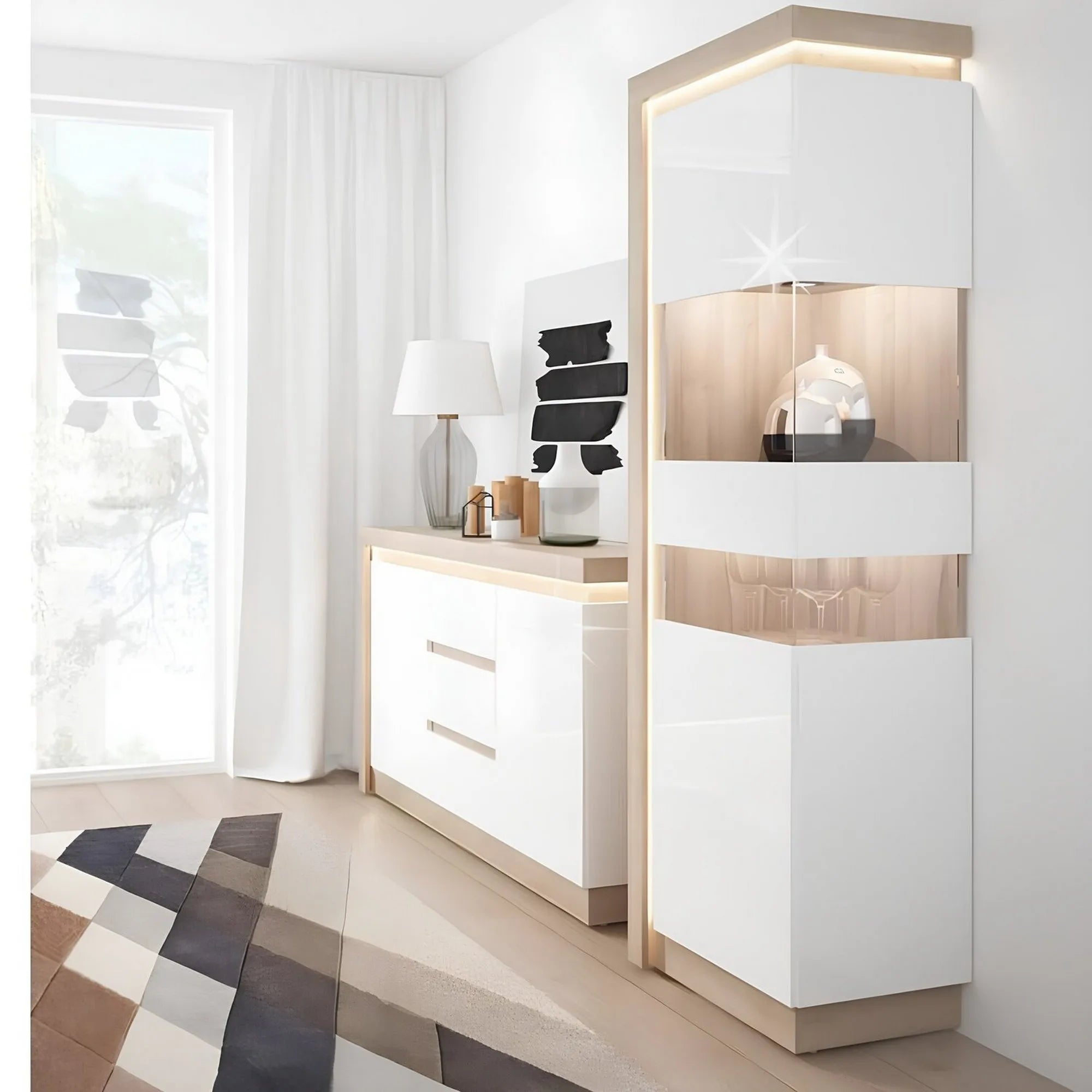 Vitrina LEONARDO LYOV03L, stejar rivierra/alb lucios, PAL melaminat, 60x42x198 cm