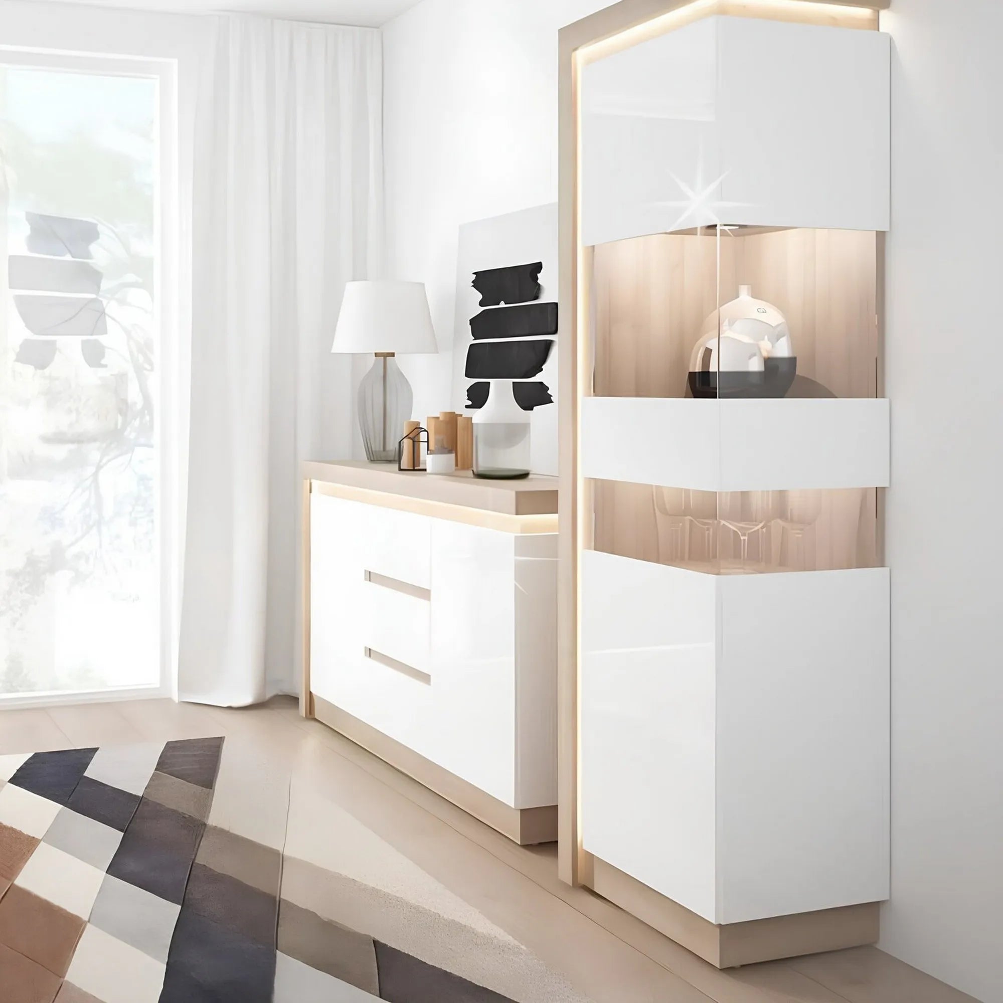 Vitrina LEONARDO LYOV03P, stejar rivierra/alb lucios, PAL laminat, 60x42x198 cm