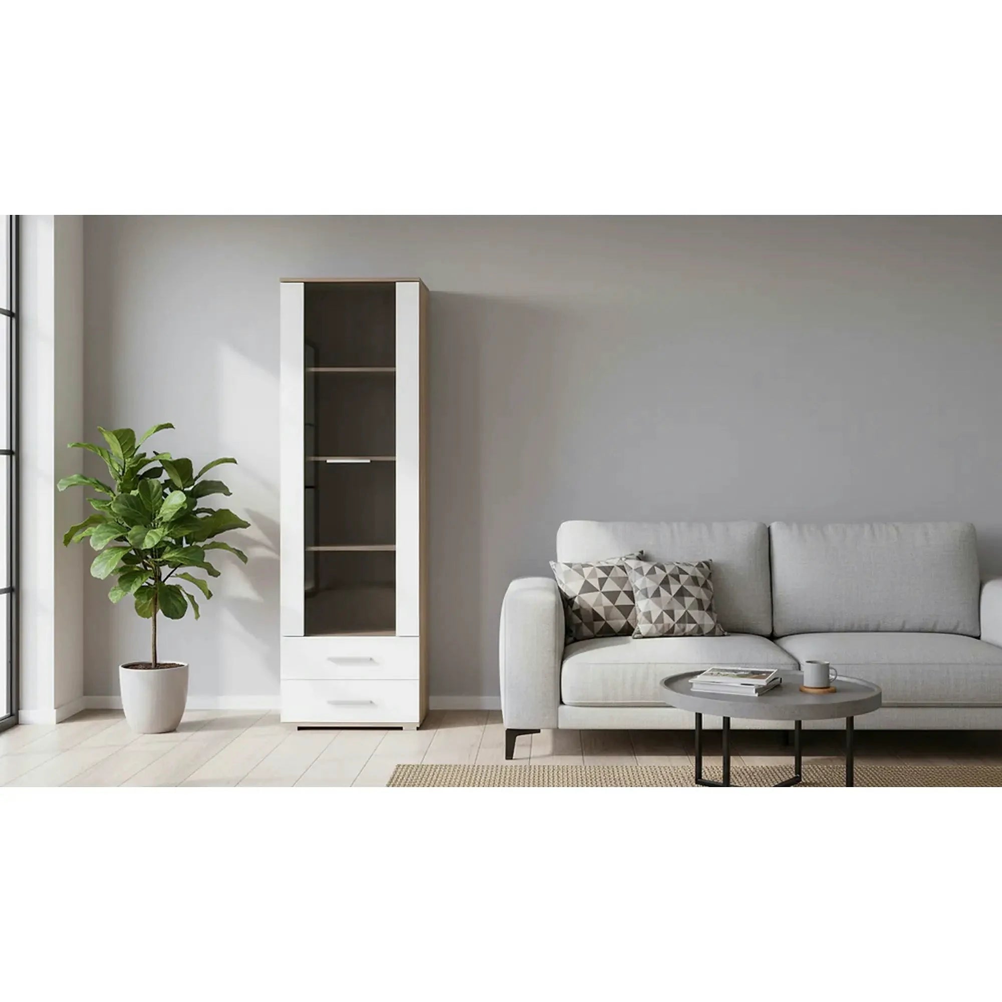 Vitrina LIMA, alb/stejar sonoma, PAL/sticla, 60x40x200 cm