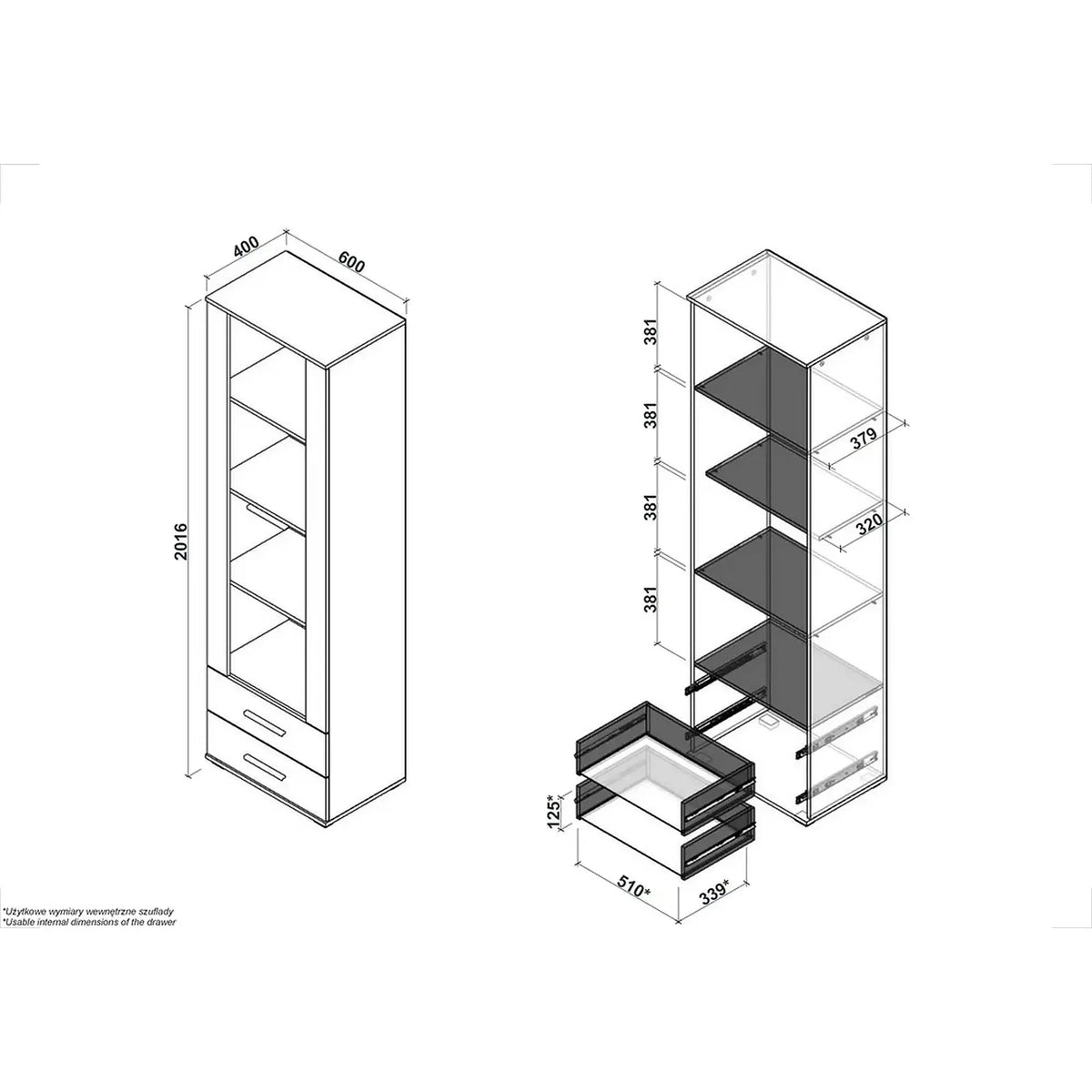 Vitrina LIMA W-1, alb, PAL laminat/sticla, 60x40x200 cm