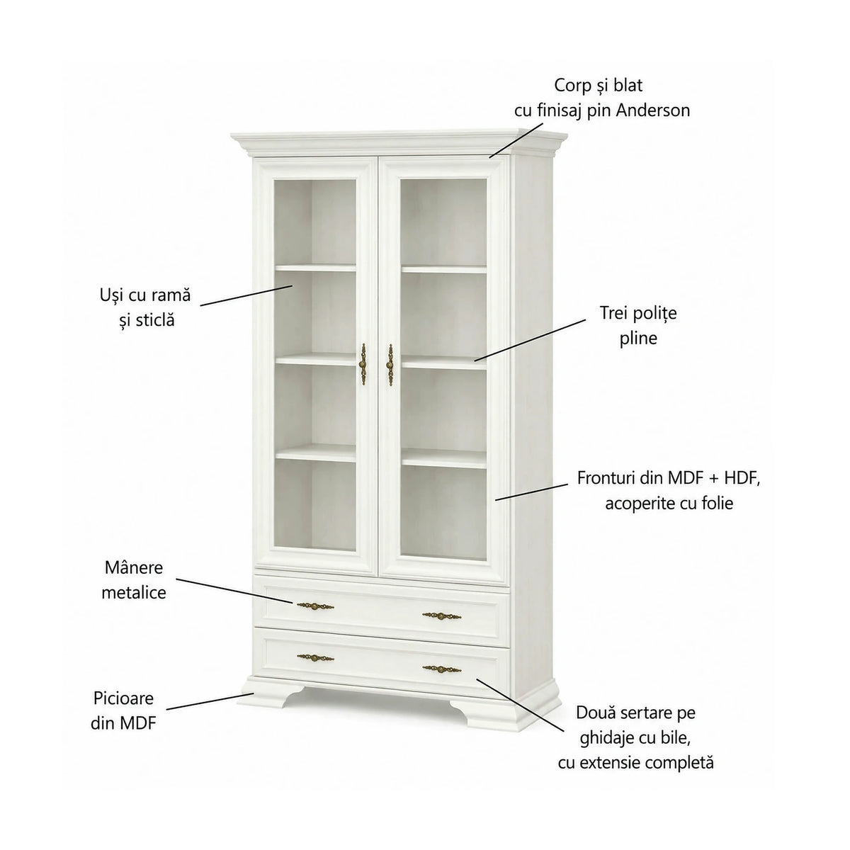 Vitrina living clasica IRYS, pin alb anderson, PAL laminat, 101x43x198 cm