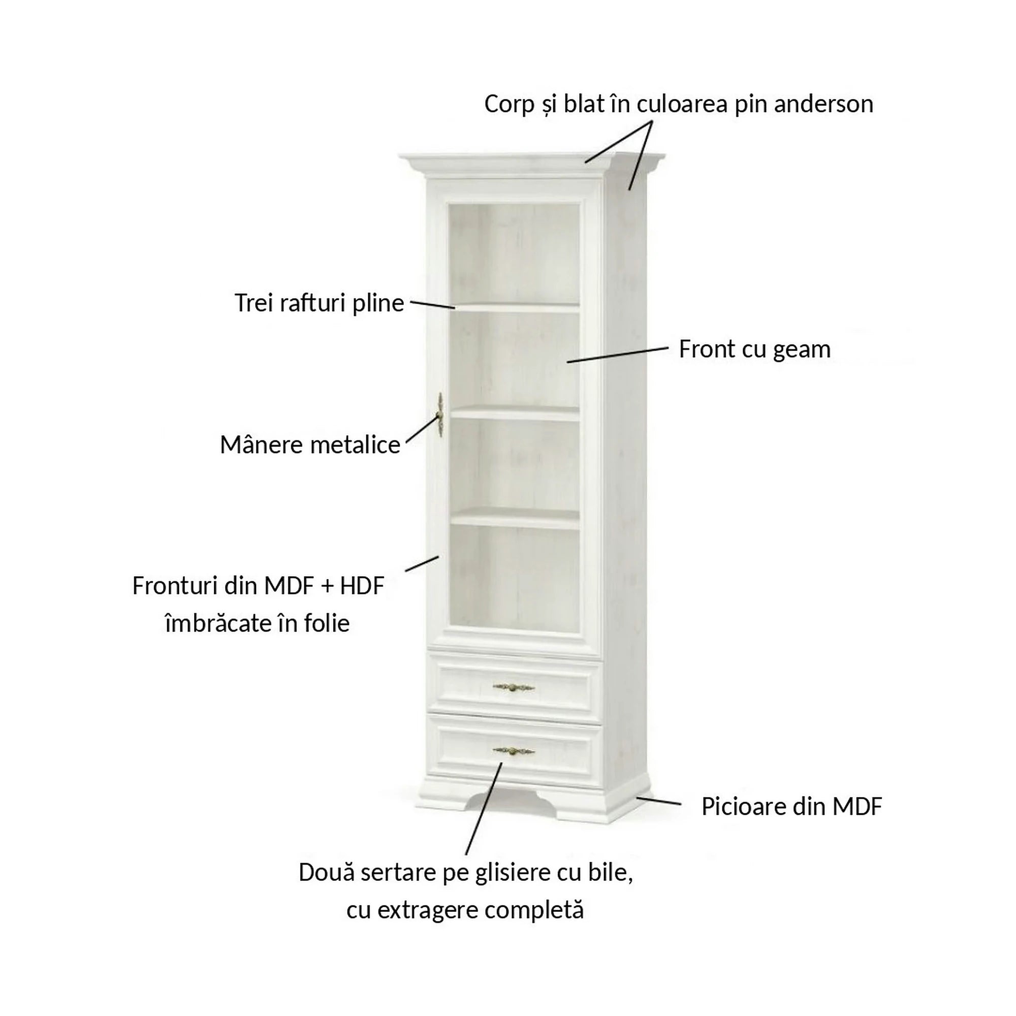 Vitrina living clasica IRYS, pin alb anderson, PAL laminat, 70x43x198 cm