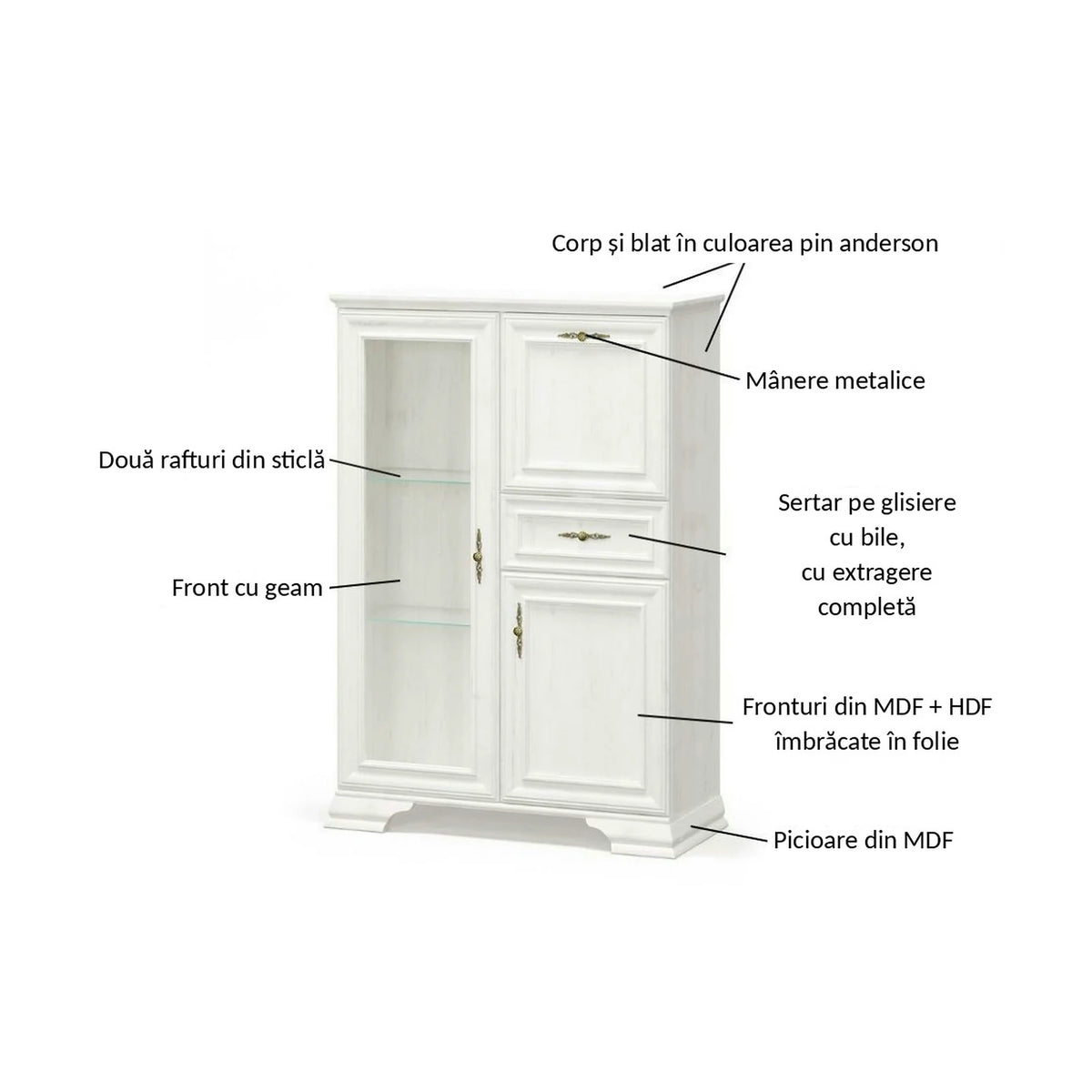 Vitrina living clasica IRYS, pin alb anderson, PAL laminat, 93x39x133 cm