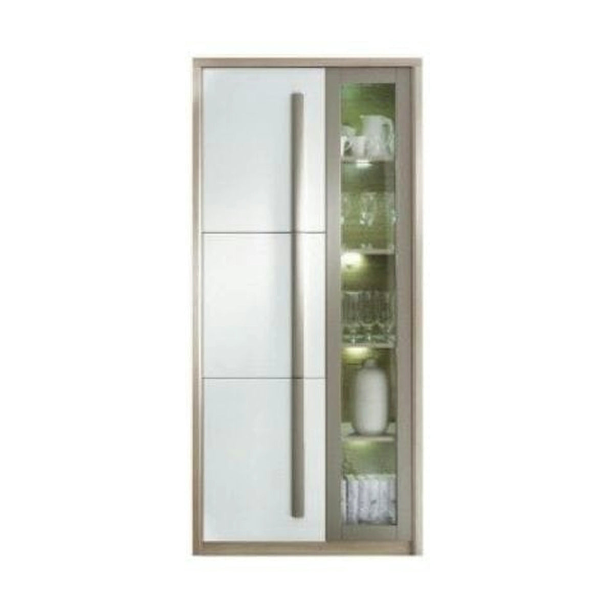 Vitrina living moderna ROMA 2, stejar Ferrara/alb lucios/gri mat, PAL/sticla, 90x43x194 cm