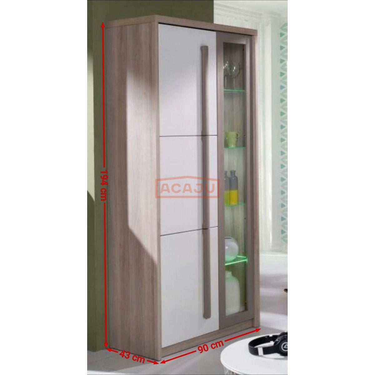 Vitrina living moderna ROMA 2, stejar Ferrara/alb lucios/gri mat, PAL/sticla, 90x43x194 cm