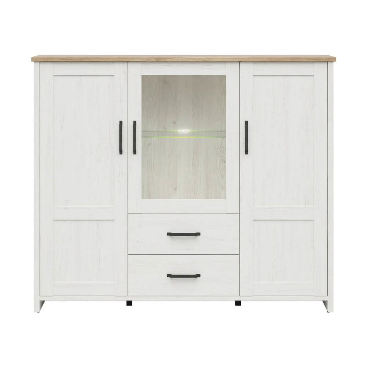 Vitrina LOKSA, alb/stejar, PAL laminat/sticla, cu iluminare LED, 160x43x135 cm