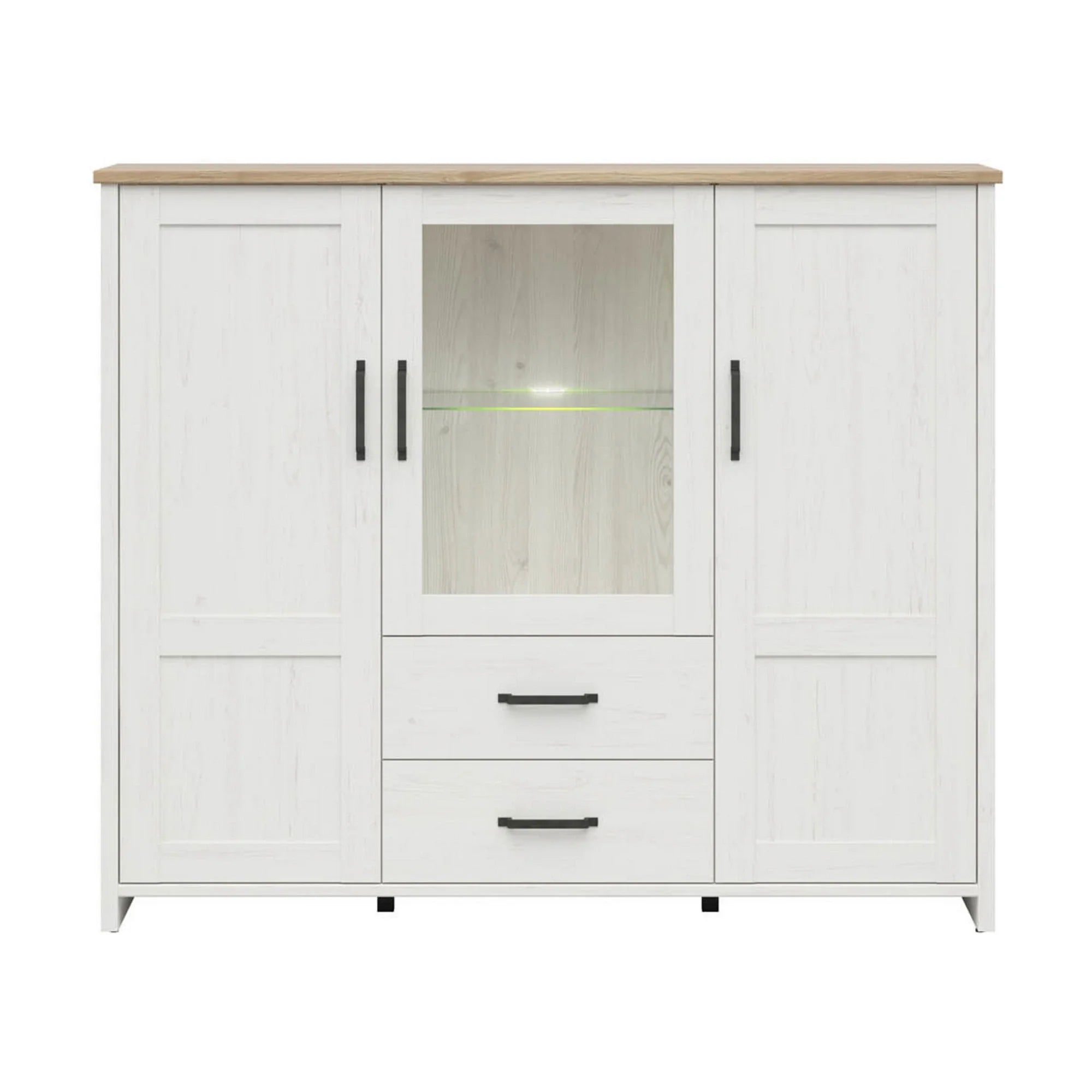 Vitrina LOKSA, alb/stejar, PAL laminat/sticla, cu iluminare LED, 160x43x135 cm