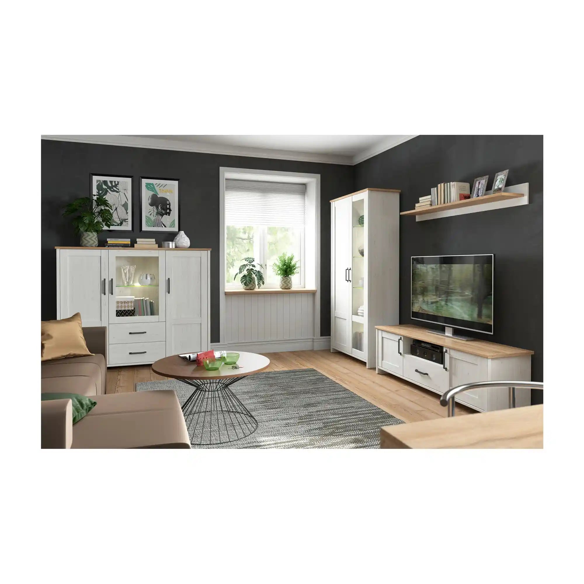 Vitrina LOKSA, alb/stejar, PAL laminat/sticla, cu iluminare LED, 160x43x135 cm