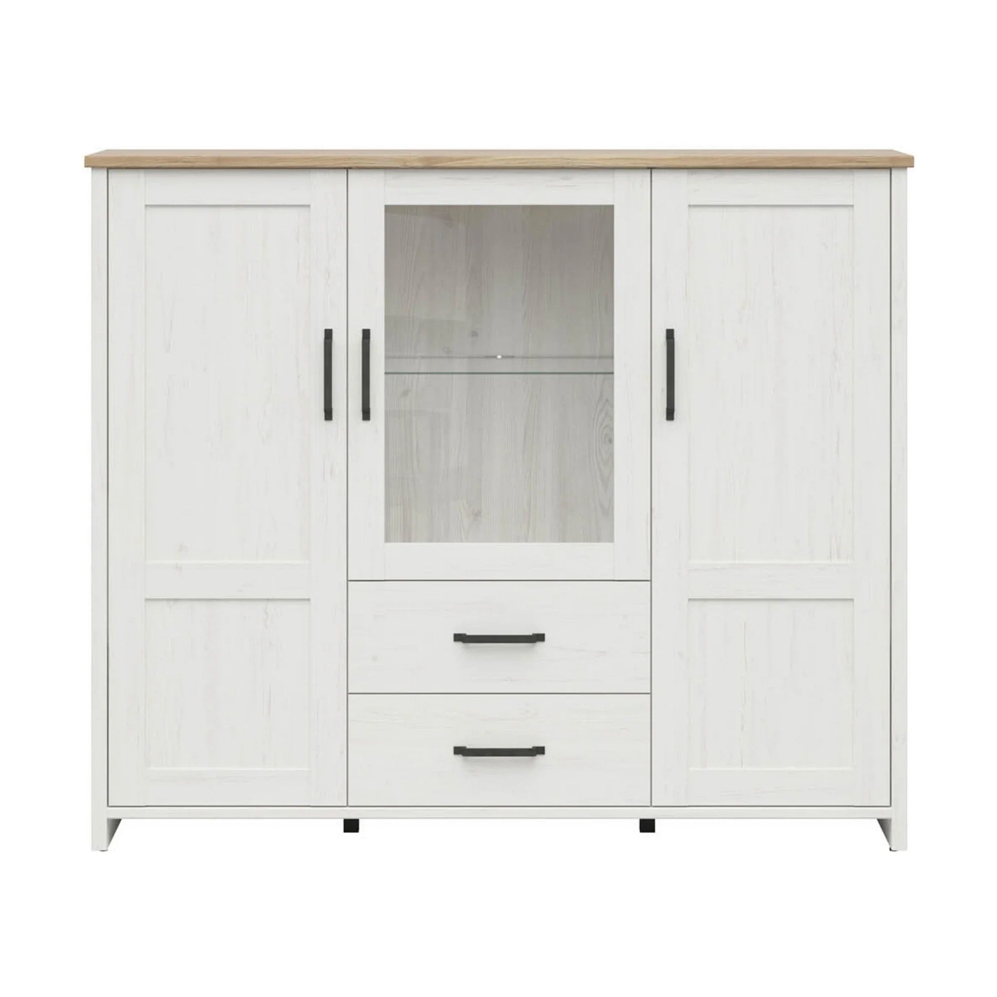 Vitrina LOKSA, alb/stejar, PAL laminat/sticla, cu iluminare LED, 160x43x135 cm