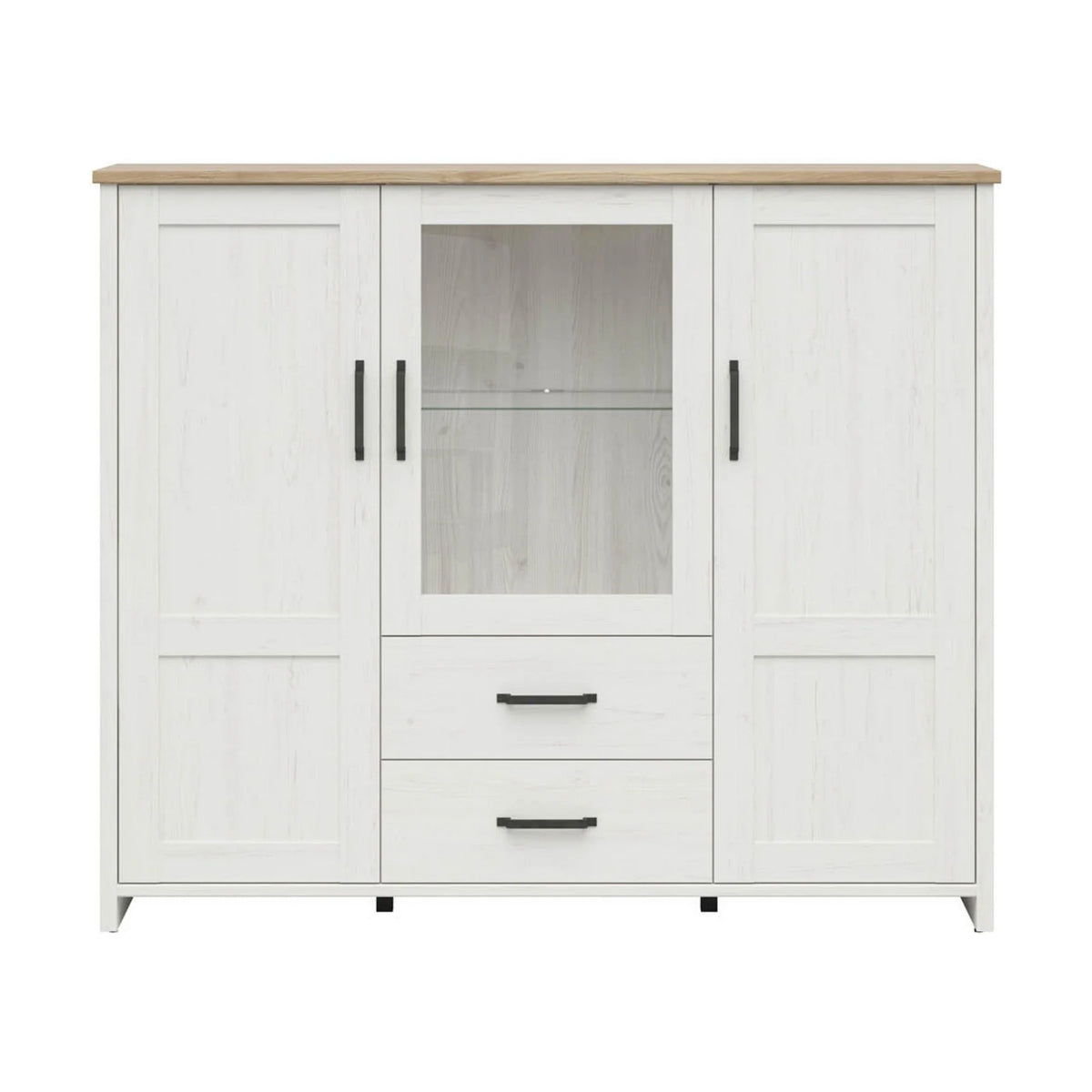 Vitrina LOKSA, alb/stejar, PAL laminat/sticla, cu iluminare LED, 160x43x135 cm