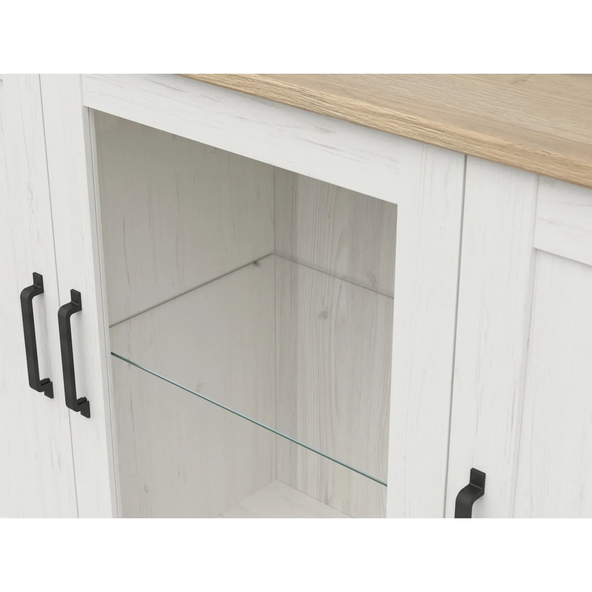 Vitrina LOKSA, alb/stejar, PAL laminat/sticla, cu iluminare LED, 160x43x135 cm