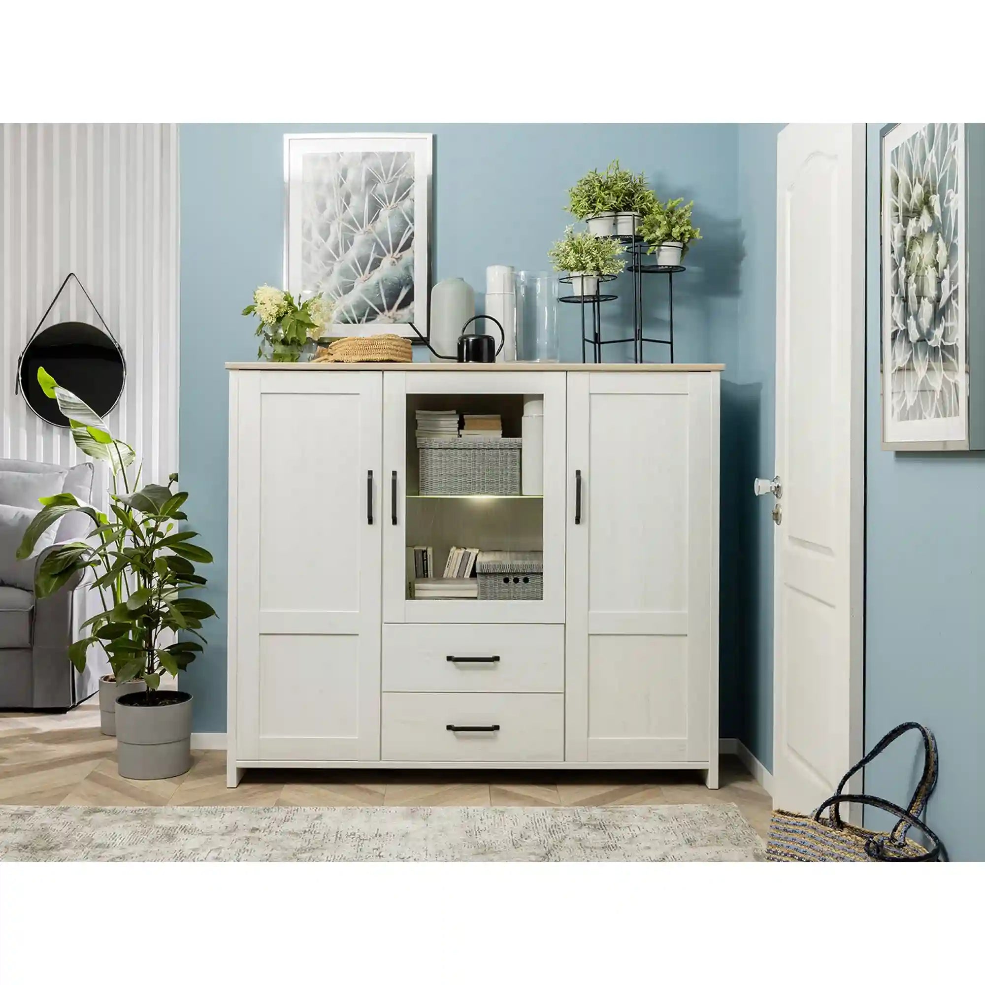 Vitrina LOKSA, alb/stejar, PAL laminat/sticla, cu iluminare LED, 160x43x135 cm